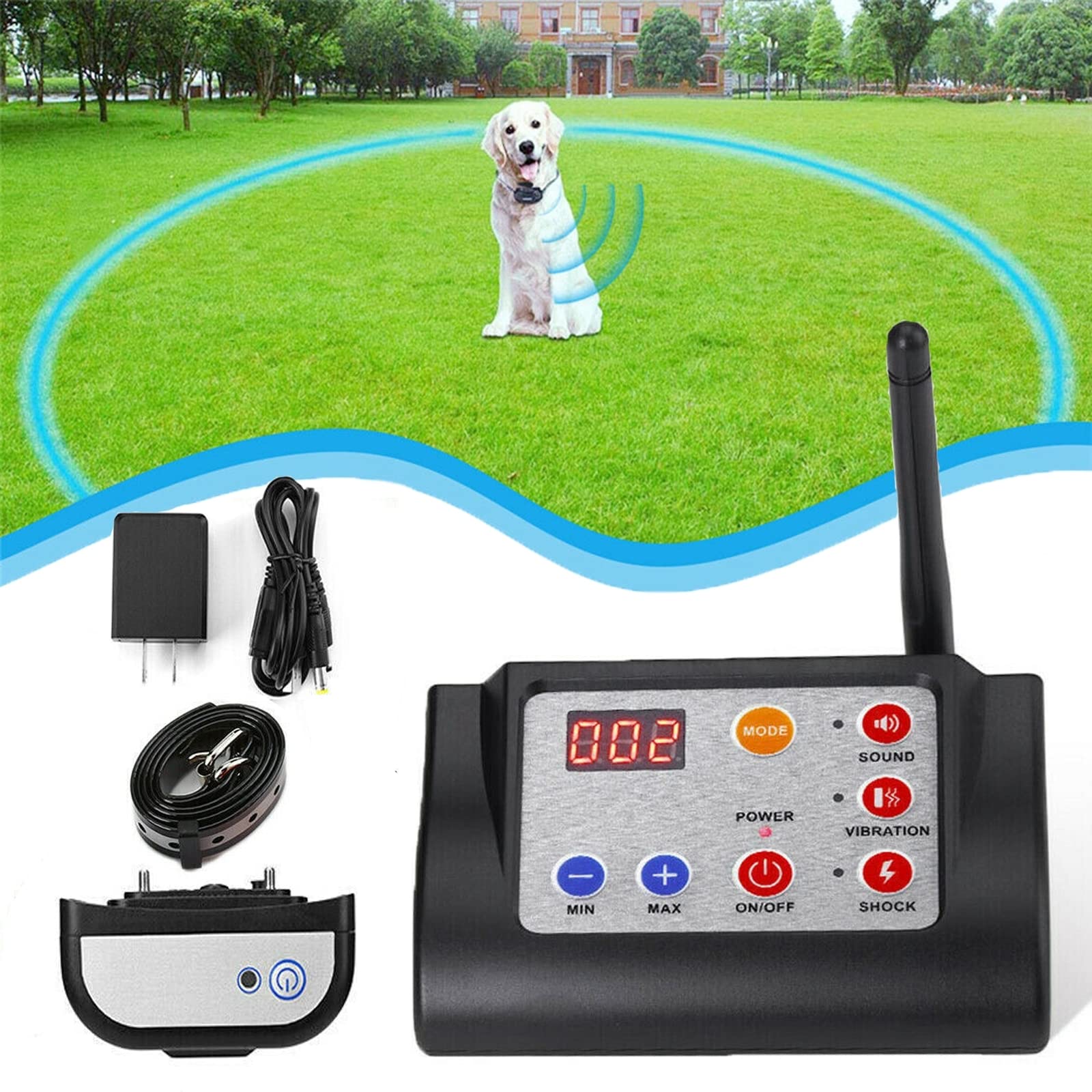 Wireless Dog Fence Electric Training Collar 2-in-1 Safe Effective Vibrate Shock Dog Fence Adjustable Range Pets Dog Containment