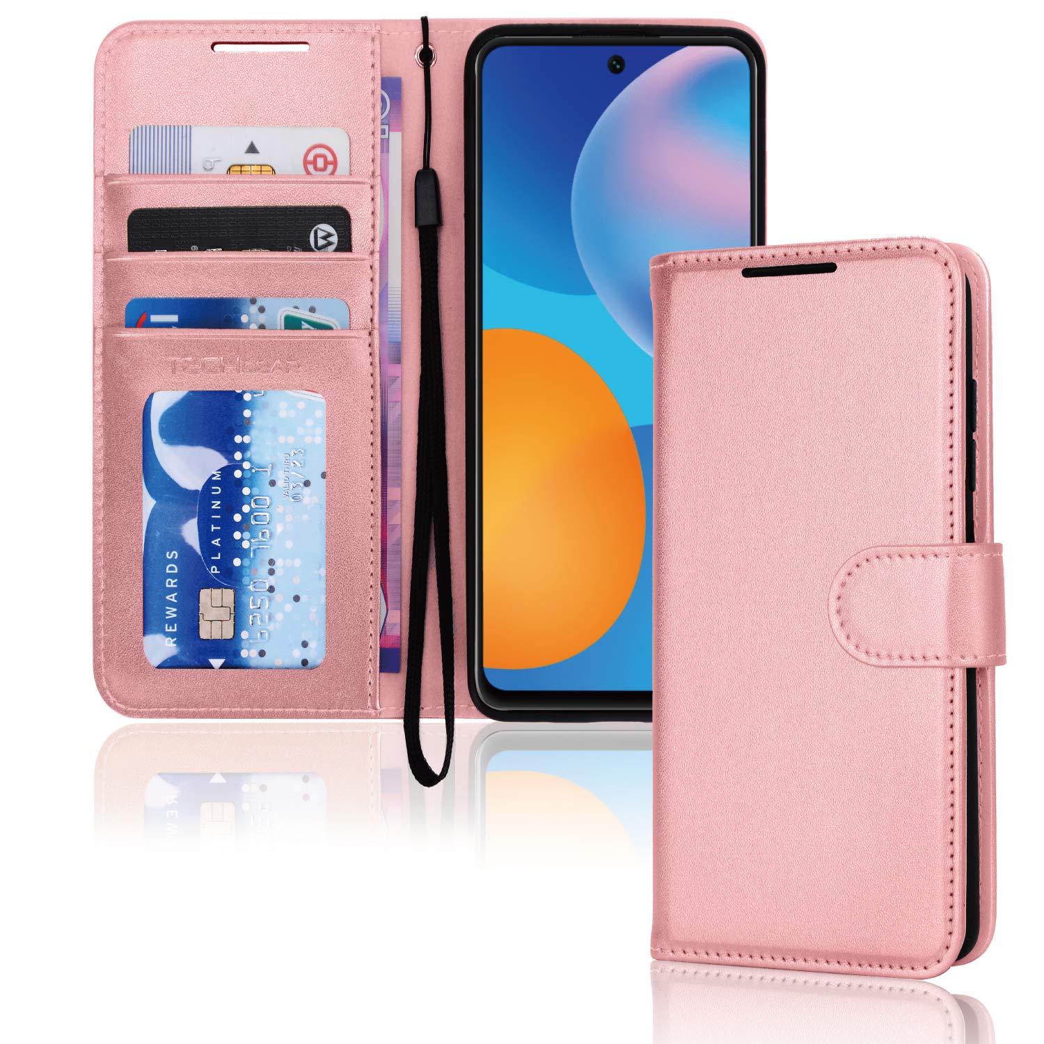 TECHGEAR P Smart 2021 Leather Wallet Case, Flip Protective Case Cover with Wallet Card Holder, Stand and Wrist Strap - Rose Gold PU Leather with Magnetic Closure Designed For Huawei P Smart 2021