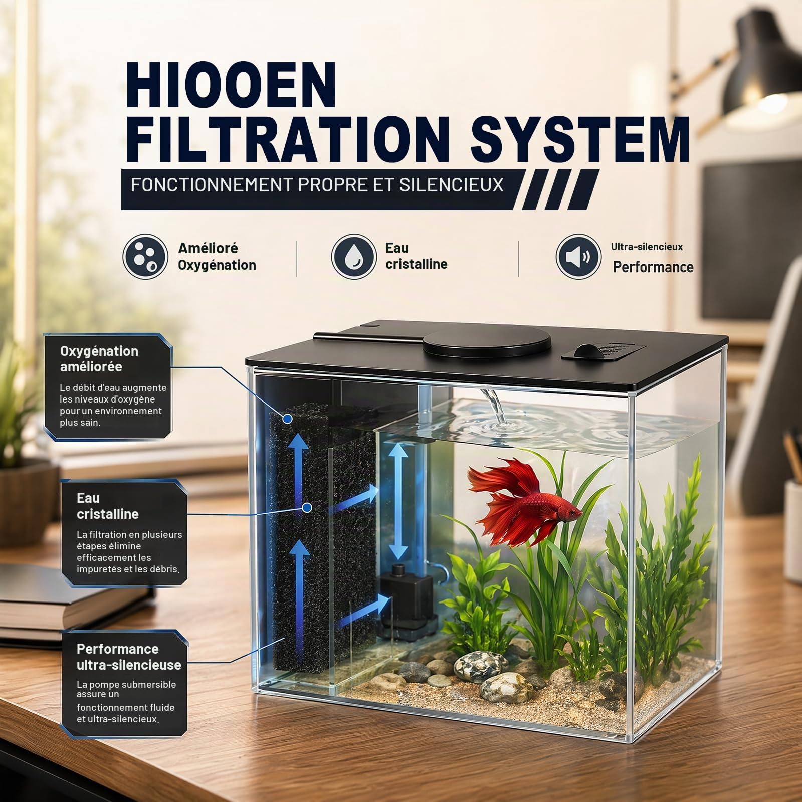 Kit de démarrage pour aquarium 3,7 l - Petit aquarium Betta en acrylique avec pompe filtrante et couvercle et éclairage LED - Pour petits poissons et crevettes