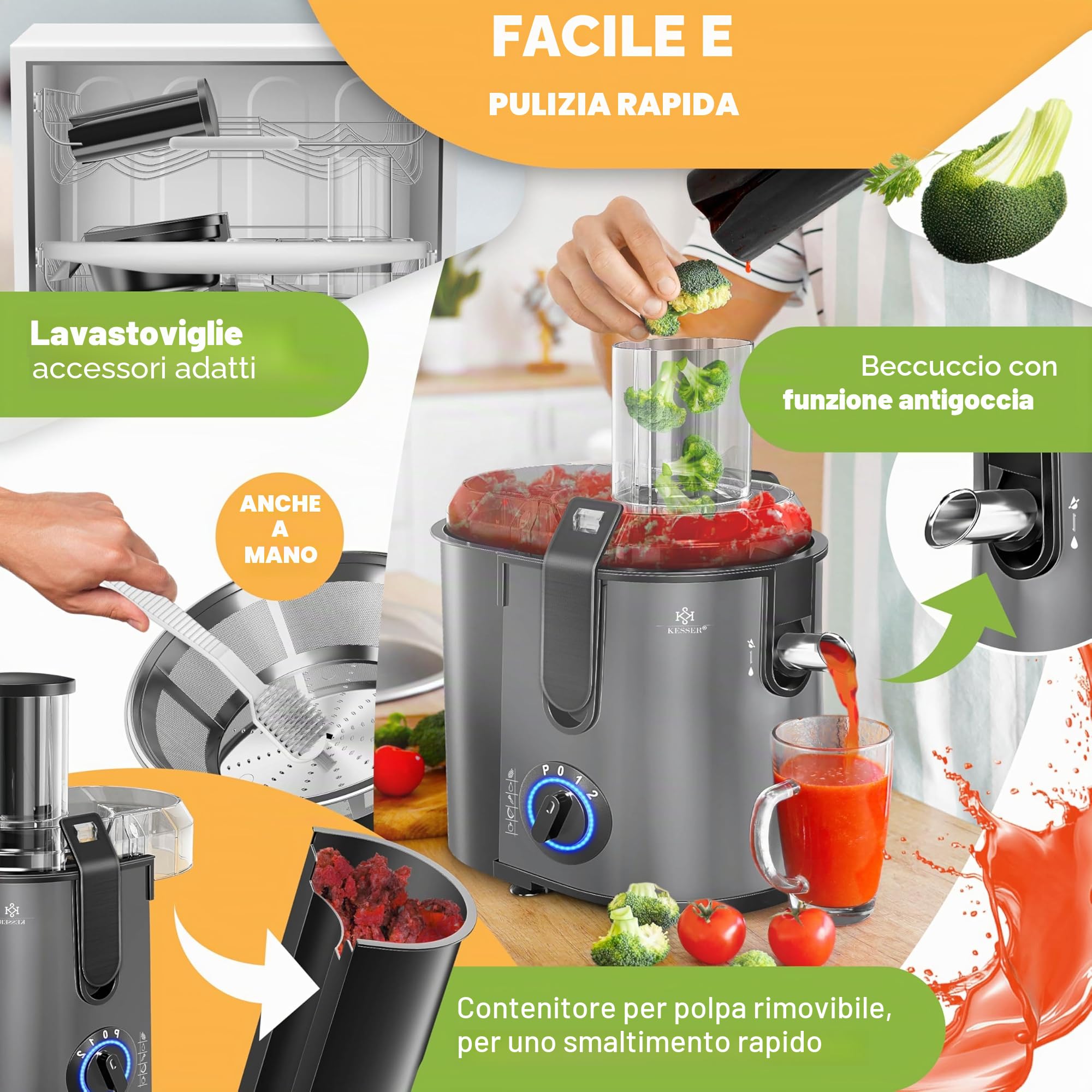 KESSER® Centrifuga estrattore di succo per frutta | verdura in acciaio inox 1100W, grande tubo di alimentazione, 3 livelli, spremiagrumi elettrico centrifugo + spazzola, contenitore per succo
