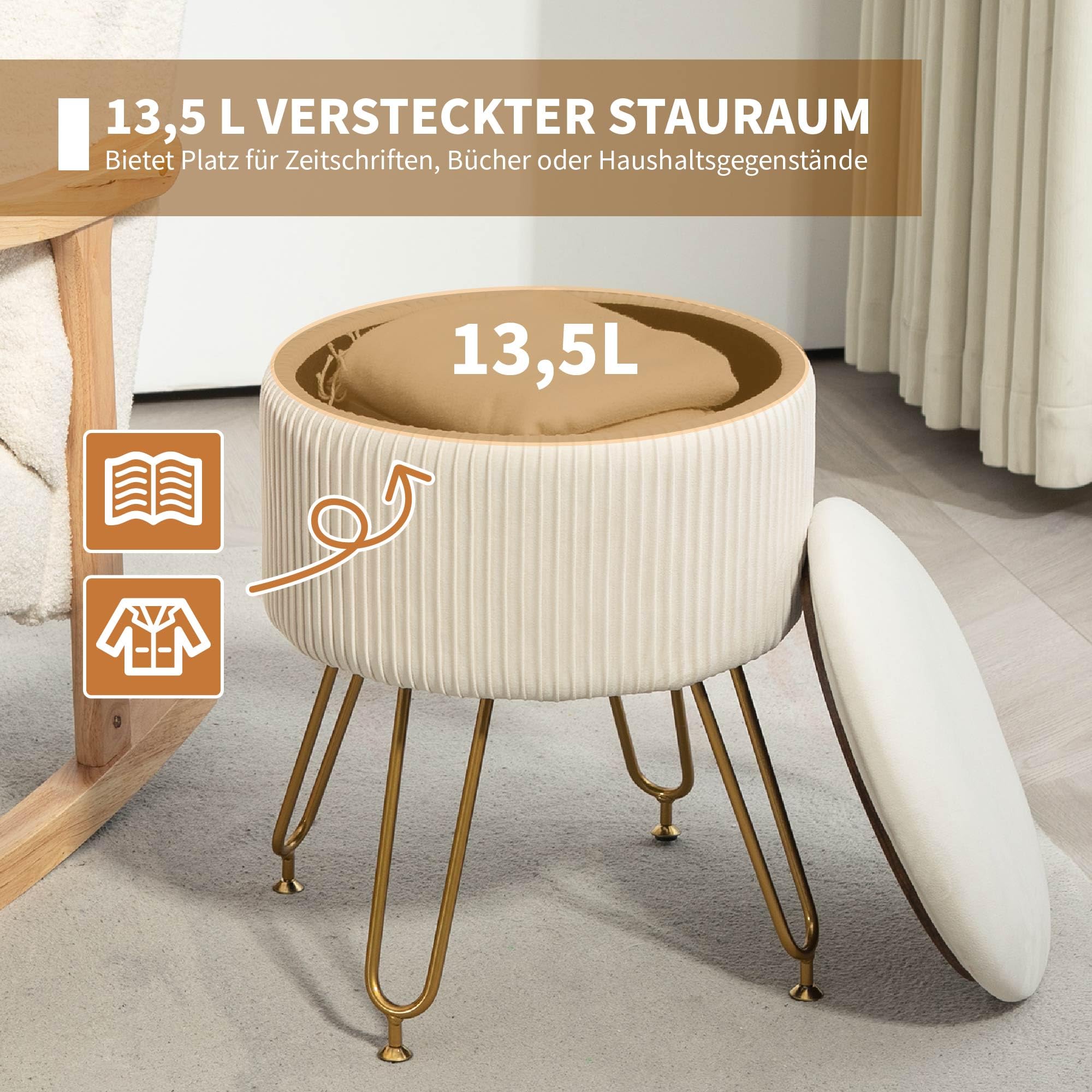 HOMCOM Sitzhocker mit Stauraum 2-in-1 mit Deckel Ø40 x 48 cm Cremeweiß