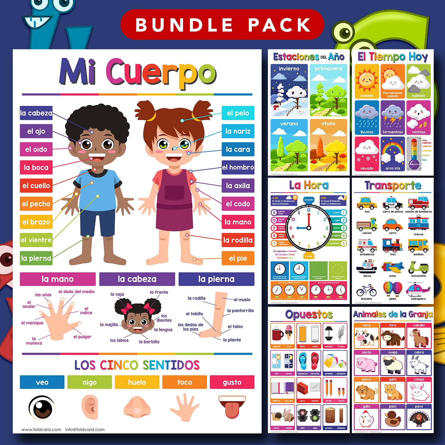 Carteles educativos en español para niños, paquete de 14 decoraciones bilingües para el aula y la escuela en casa y materiales escolares, preescolar a grado 3, cartulina duradera y brillante, 11 x 17