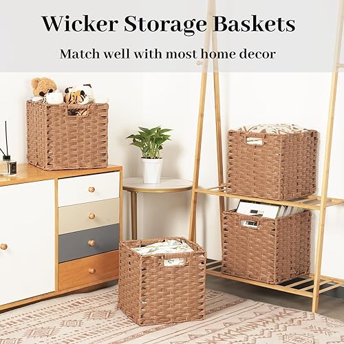 Miniatura 3 de DULLEMELO Cubos de almacenamiento de mimbre, juego de 4 cestas plegables de mimbre, 11 x 11 x 11 pulgadas para organizar armario, ropa, juguetes,