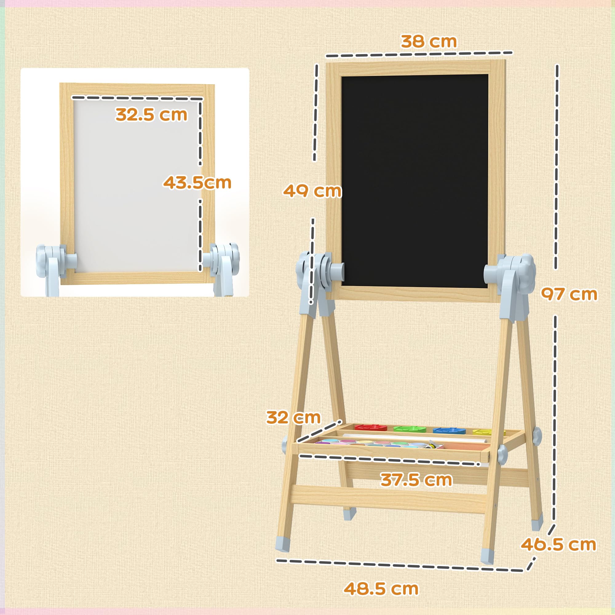 AIYAPLAY Cavalletto da Disegno per Bambini con Lavagna Doppia per Gesso e Pennarelli, Lavagnetta Magnetica, Vassoio Portamatite, Rotolo Carta Incluso, Legno Naturale