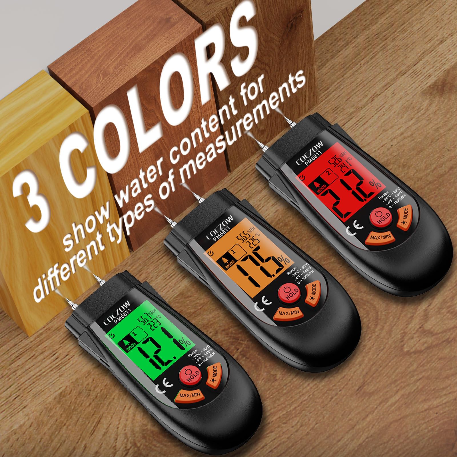 Wood Moisture Meter with Temperature and Humidity Measurement – Ideal for quickly measuring moisture content in logs, paper, plywood, plaster walls, floor coverings, and other materials. — Amazon image 6