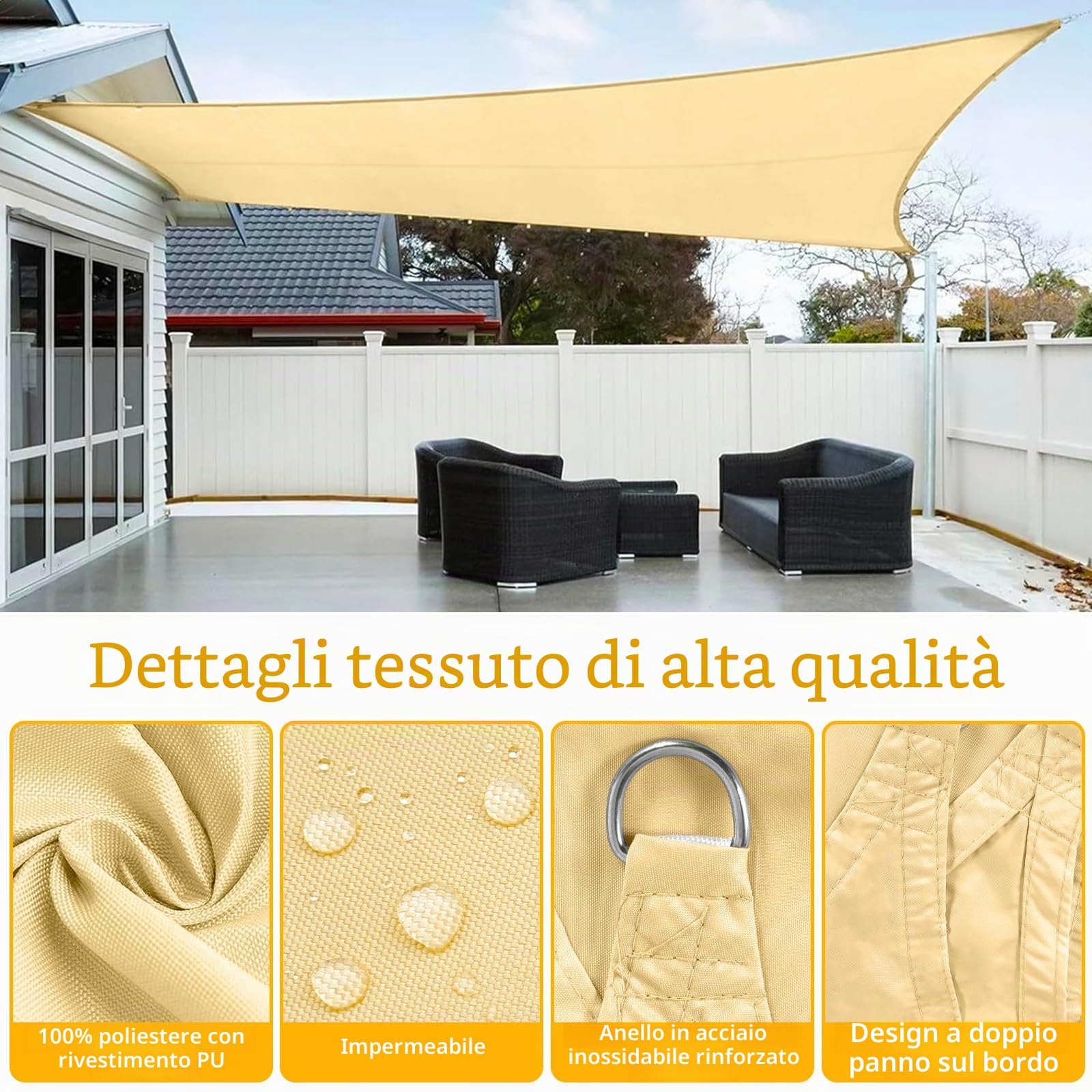 Vela Ombreggiante Rettangolare 3x4 m, Tenda da Sole per Esterno, Impermeabile Protezione UV 95%, Tenda a Vela per Terrazza, Giardino, Balcone, Campeggio (Colore Sabbia)