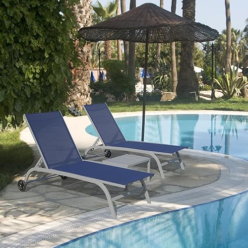 Miniatura 7 de Domi - Juego de 3 sillas de piscina, tumbonas ajustables de aluminio para exteriores con ruedas, sillas de patio con mesa auxiliar, todo tipo de