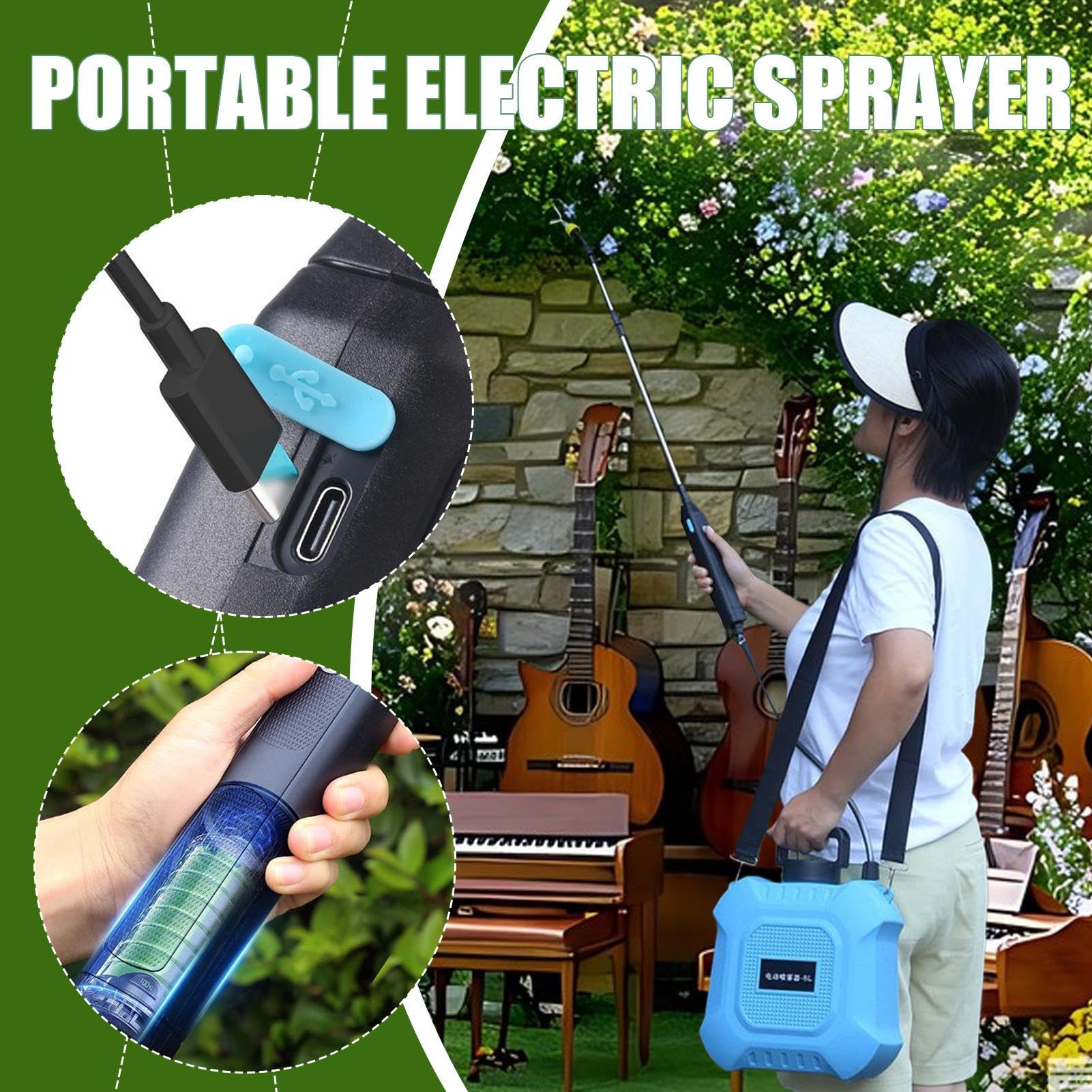 Spruzzatore da giardino Serbatoio 5/8 L Spruzzo Regolabile | Irroratore Elettrico da Giardino per Prato, Patio, , Fattoria, Irrigazione Esterna, Lavaggio Auto, Pulizia, Nebulizzazione