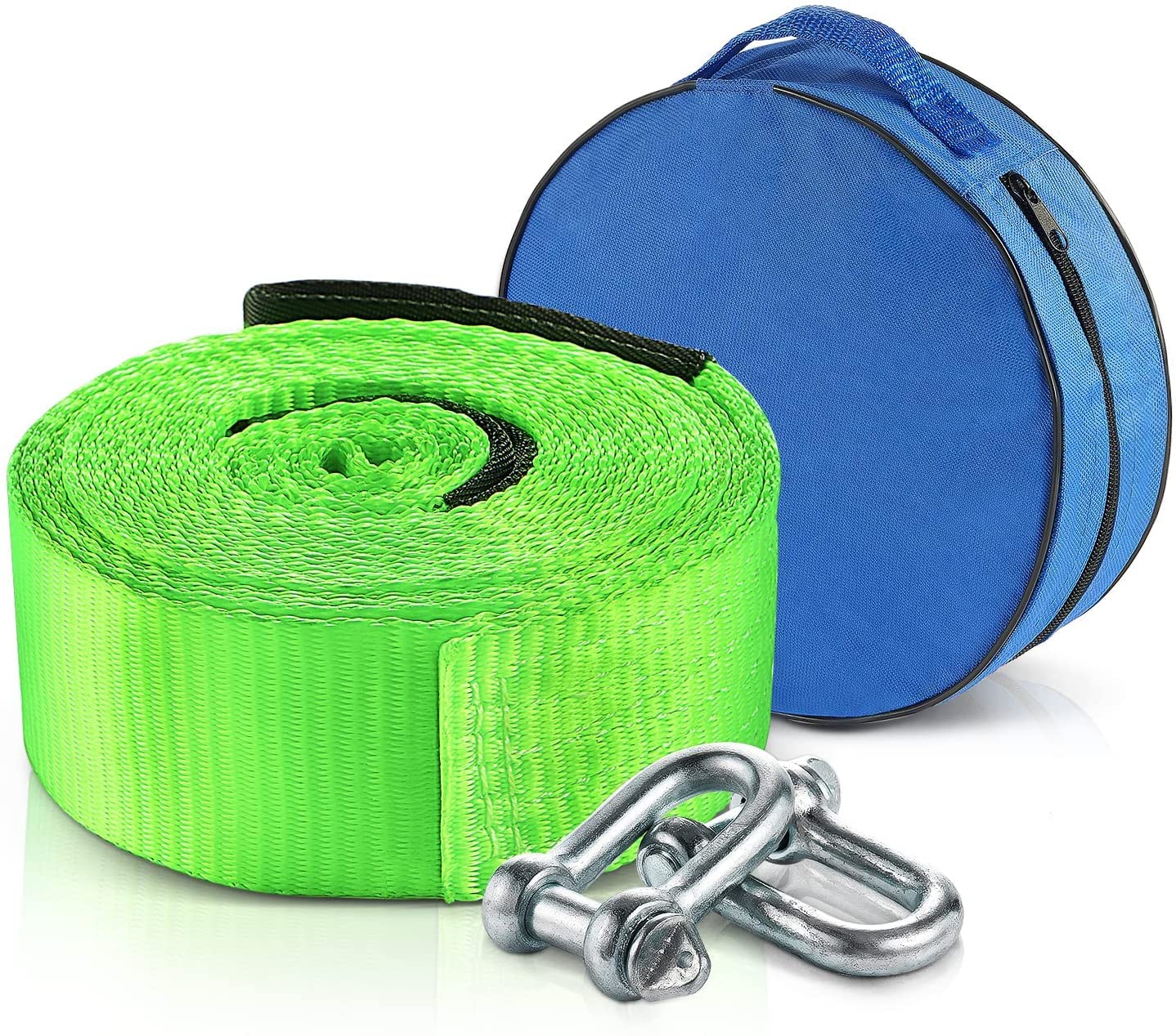 MAMIZO Gancio di Traino 5M x 5cm, Carico di Rottura 9T con 2 Ganci a U Rinforzati, un Paio di Guanti Antiscivolo e Una Borsa di Stoccaggio (verde), Cinghia di Traino di Emergenza per Auto.