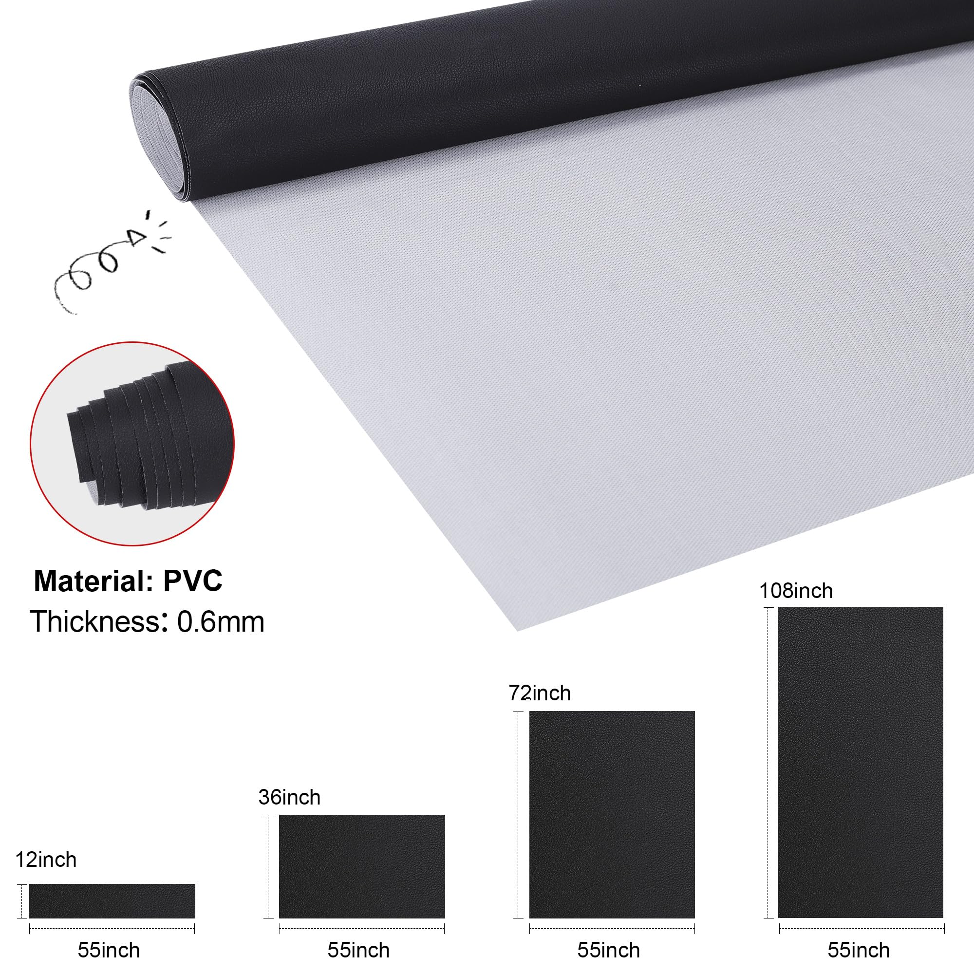 Rovang Faux Leather, Marine Vinyl PVC Leather for DIY Upholstery, Sofa Car Boat Seat Repair, Waterproof & Easy to Clean, Black (1 FT 55x12 Inch) — view 5