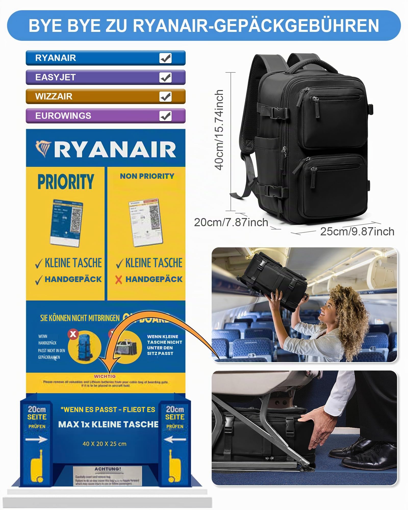 suradar Vakuum Rucksack Handgepäck Vacpack, Ryanair Handgepäck 40x20x25 Vakuum Backpack Travel Airbag Rucksack mit Vakuumsystem, Vacuum Backpack mit Luftpumpe für Flugzeug Herren Damen Schwarz