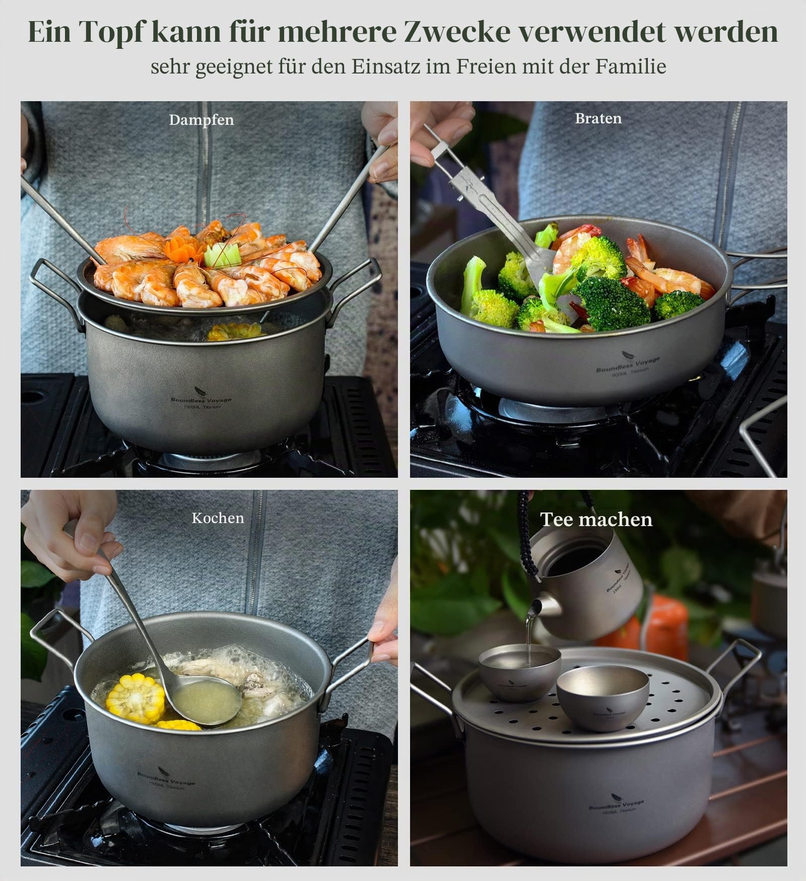 iBasingo 1.9L Titan Topf & 900ml Pfannen mit Deckel Camping Kochgeschirr Dampfgarer Leichtes Tragbar Kochtopf Set Outdoor Indoor Kocher mit klappbarem Griff Ti2057C