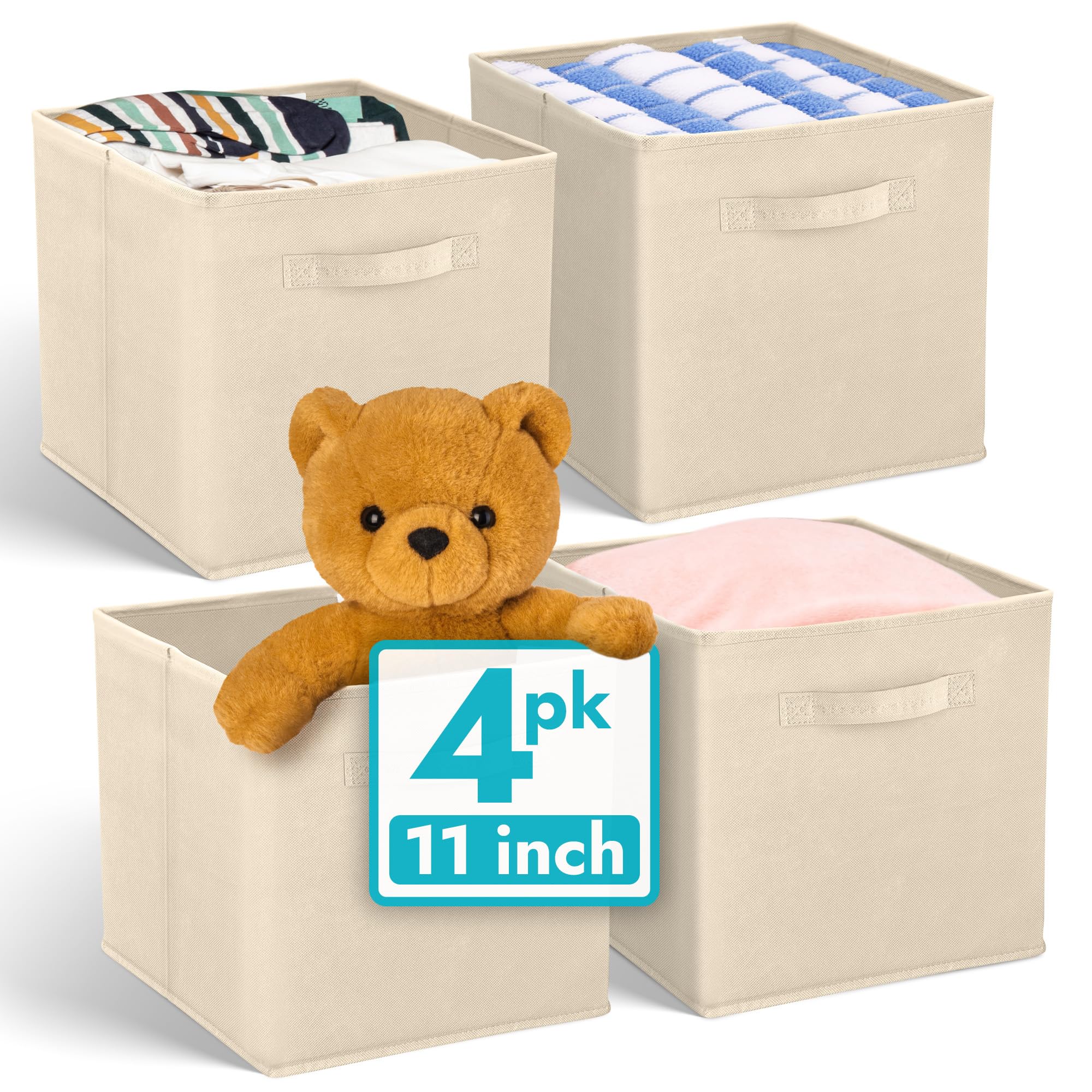 Reli. 11 Inch Cube Storage Bins (4 Pack) | Cube Organizer Bins | 11x11 Fabric Storage Boxes | Collapsible, Foldable Fabric Cubby Box (Square) | Kids