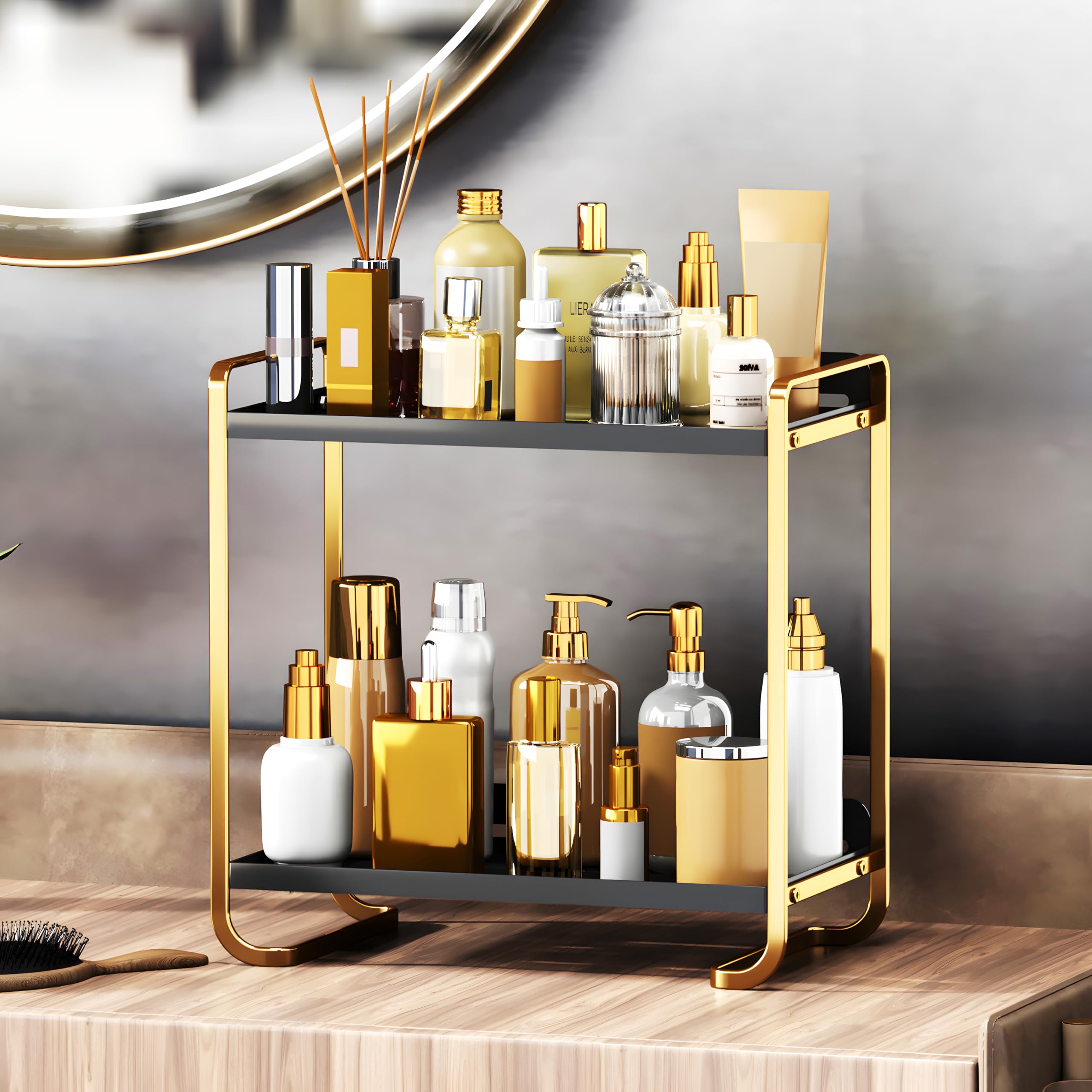 2-Tier Black and Gold Carbon Steel Bathroom Counter Organizer - Skincare Cosmetic Display Tray for Perfume, Bathroom, Coffee Bar, and Vanity Storage - Modern Countertop Organizer and Vanity Decor
