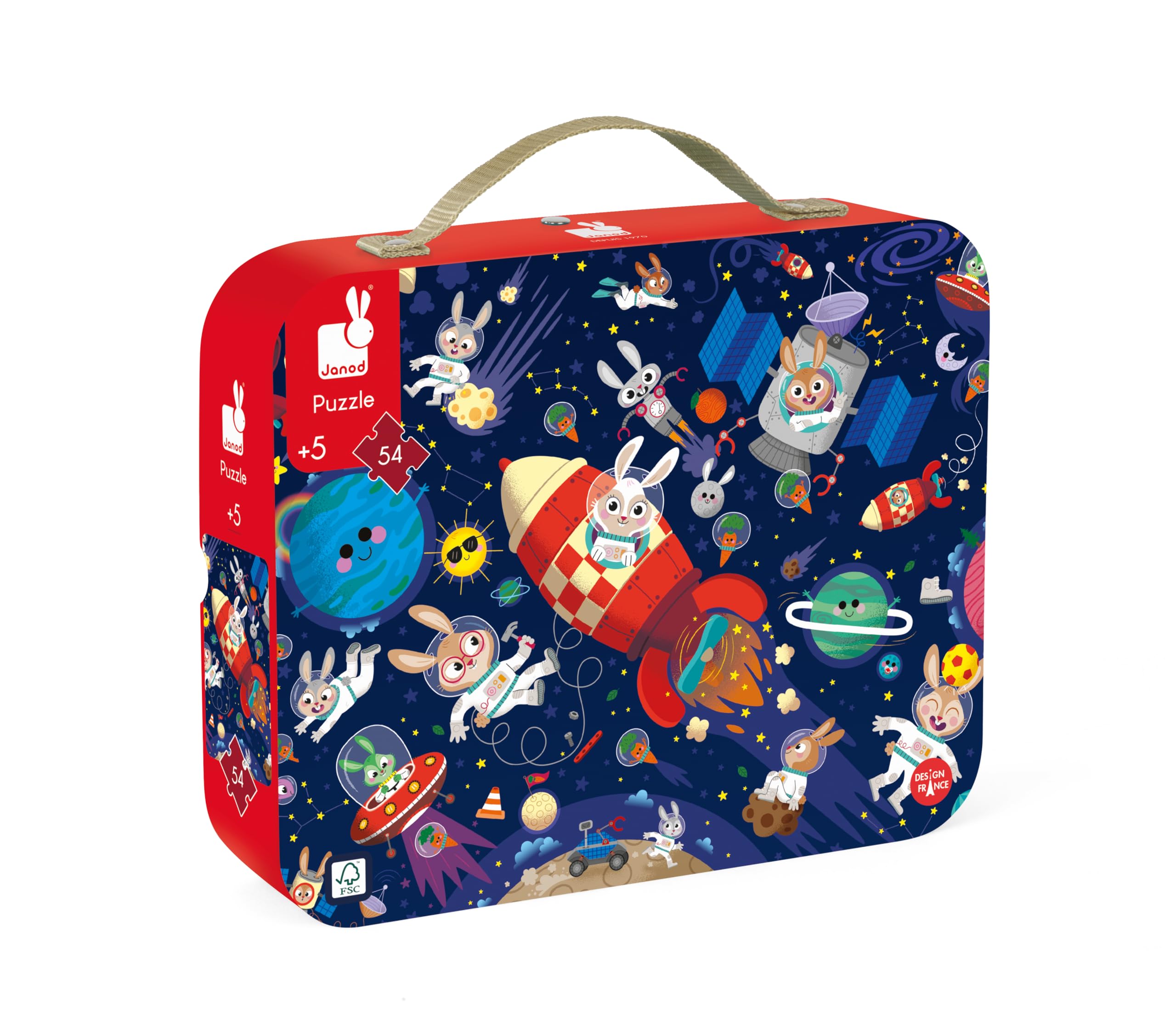 Janod 54 Pieces Children's Jigsaw Puzzle - Rocket Rabbits - Giftable Carrying Case with Fabric Handle - Ages 5-7 Years - J02557