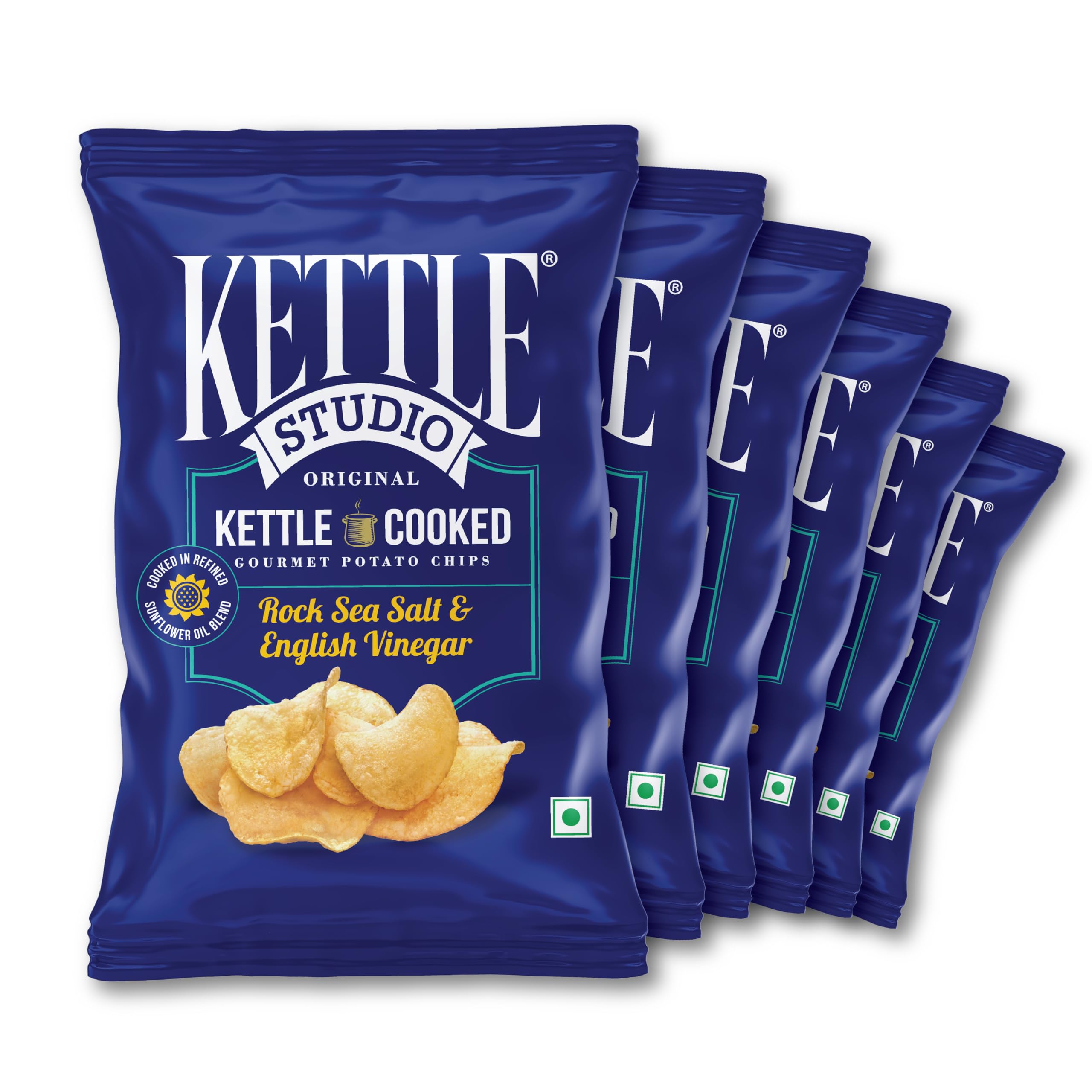 Kettle-Cooked Potato Chips Rock Sea Salt & English Vinegar | Thick Cut, Crunchy, Gluten-Free Snack | Party & Movie Night Snacks | 120g Pack of 6