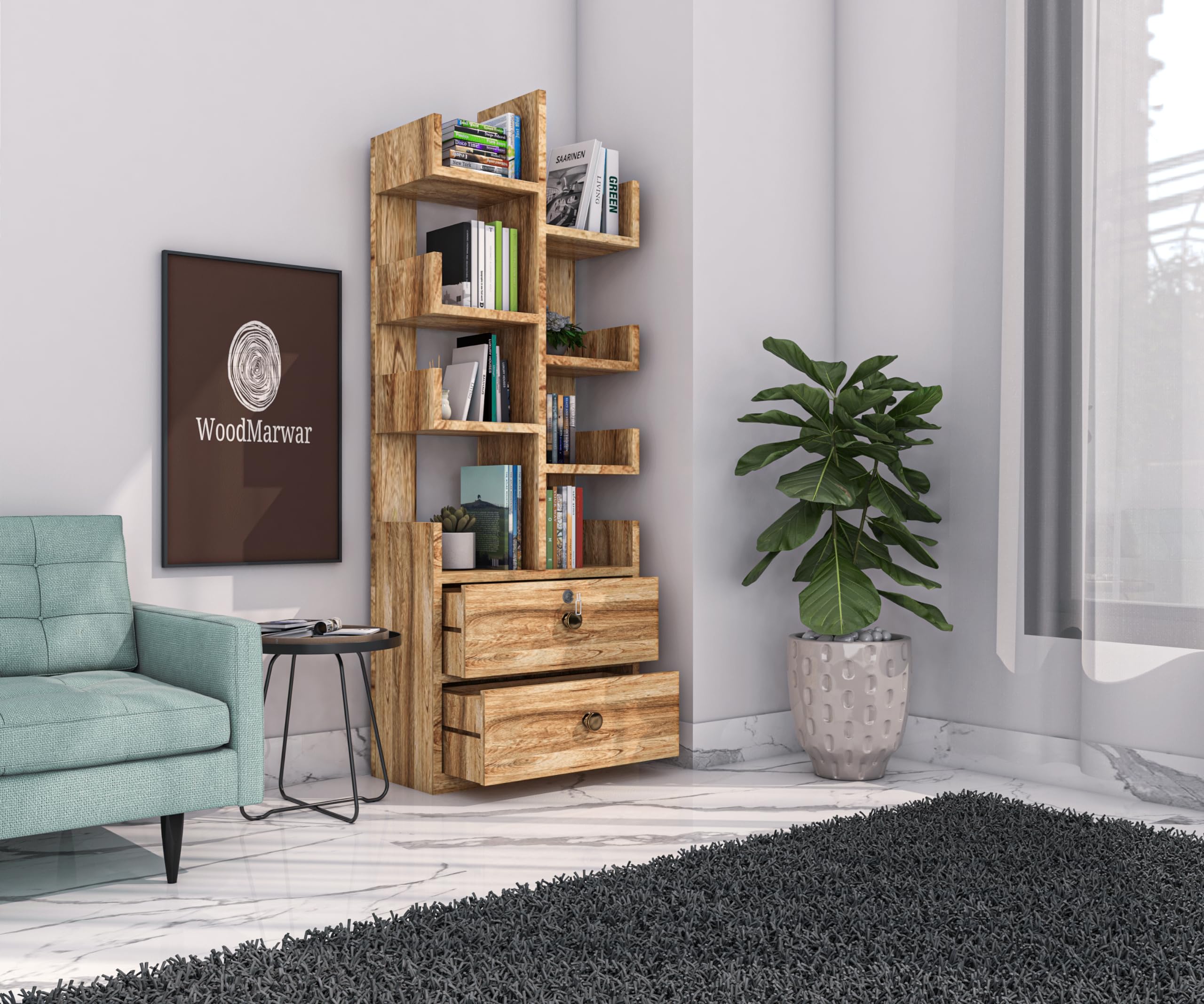 WoodMarwar Sheesham Wood Free Standing Book Shelf | Multipurpose Bookshelf Storage Display Rack with 8 Shelf & 2 Drawer with Lock for Ofice | Decorative Corner Shelf Bookcase for Home Decor | Pine