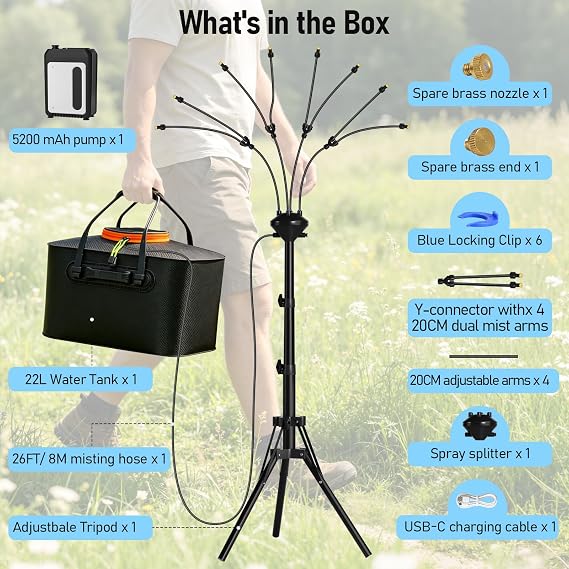 Bonviee 5.3FT Standing Misters for Outside, 5.8Gal Tank, Tripod, 5200mAh Pump, 8 Nozzles