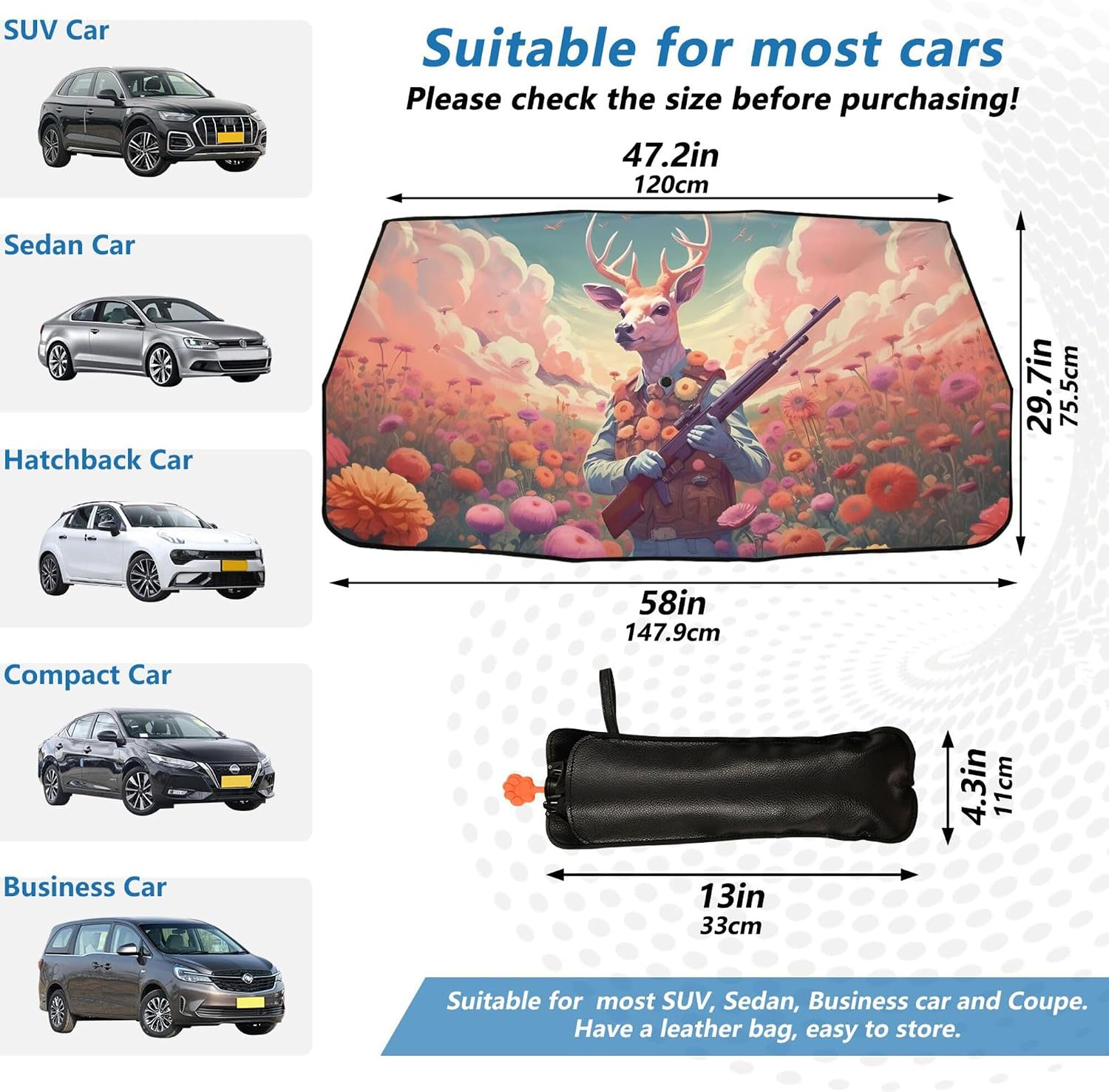 Car Umbrella Sun Shade Cover, Deer Playing Guitar in Garden Umbrella Sun Shade for Car Truck Window Front Windshield, Blocks UV Rays Sun Visor Protector Sun Heat Reflector to Keep Your Vehicle Cool