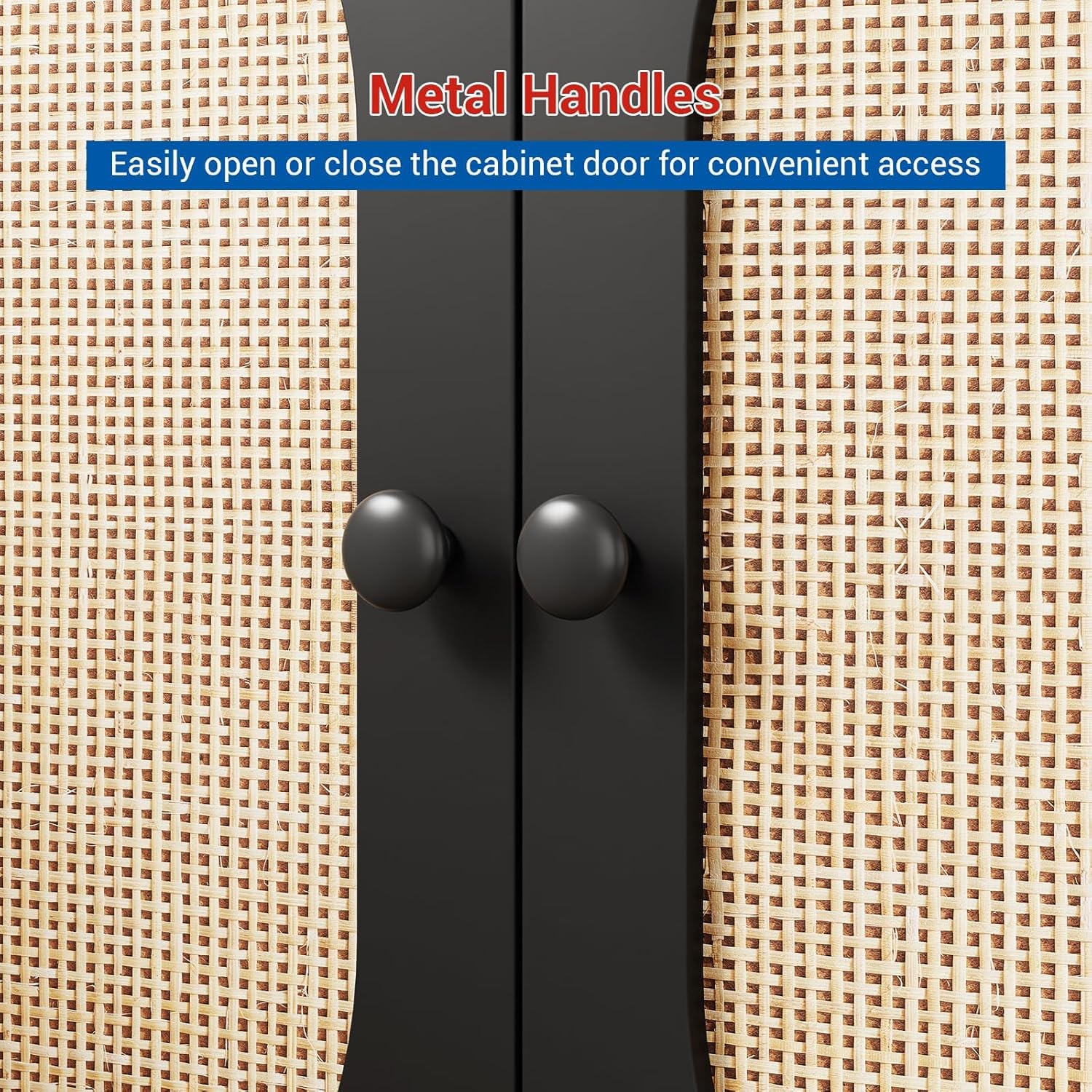 Sideboard Buffet Cabinet, Wooden Storage Cabinet with Natural Rattan Doors, Double-layer Boho Accent Sideboard with Solid Metal Feet, Ideal for Hallway, Living Room, Dining Room, Kicthen, Black