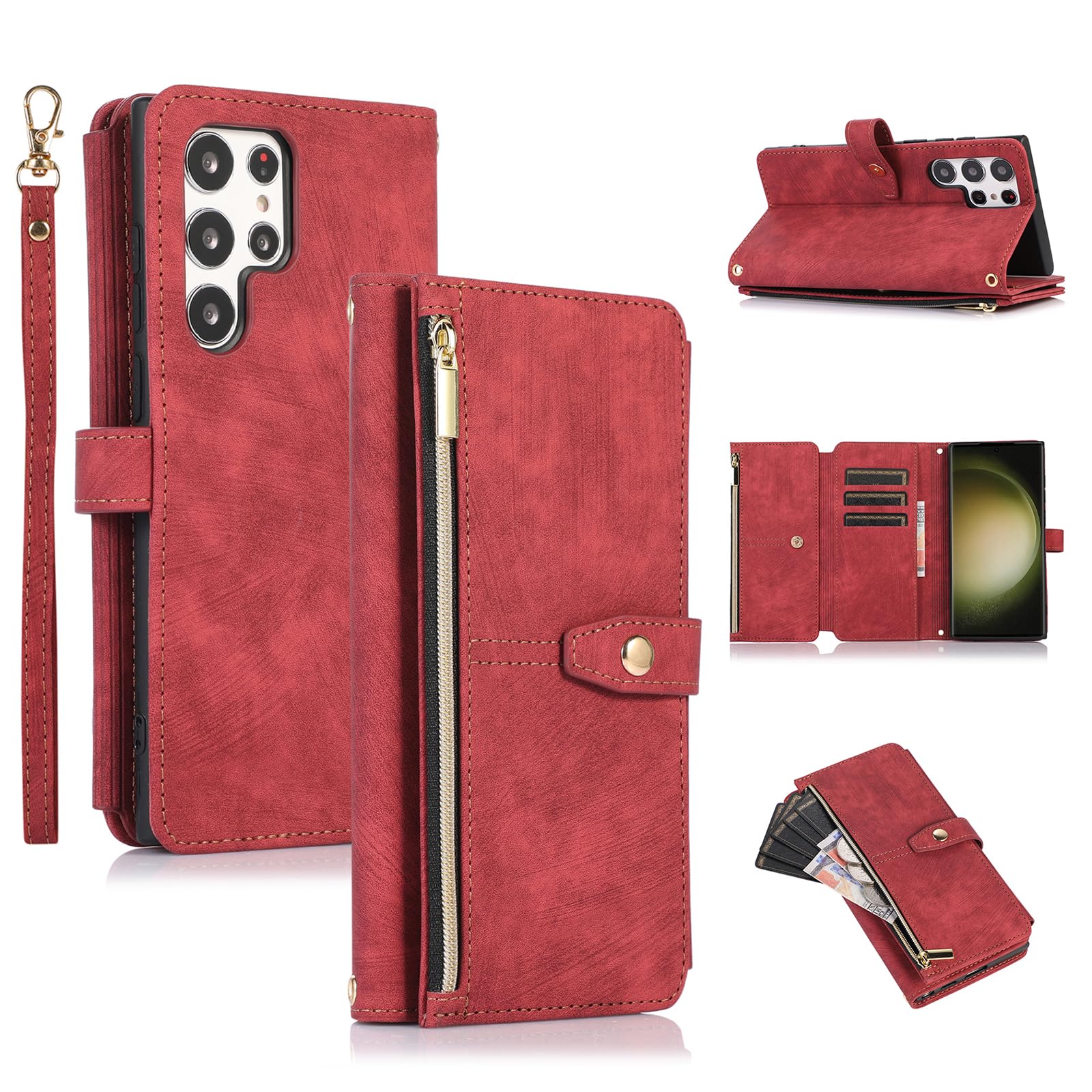 UEEBAI Wallet Case for Samsung Galaxy S24 Ultra 5G, 9 Card Slots Retro Leather Wallet Shockproof Flip Cover with Hand Strap Card Slots Zipper Pocket Kickstand Handbag Magnetic Closure - Retro Red