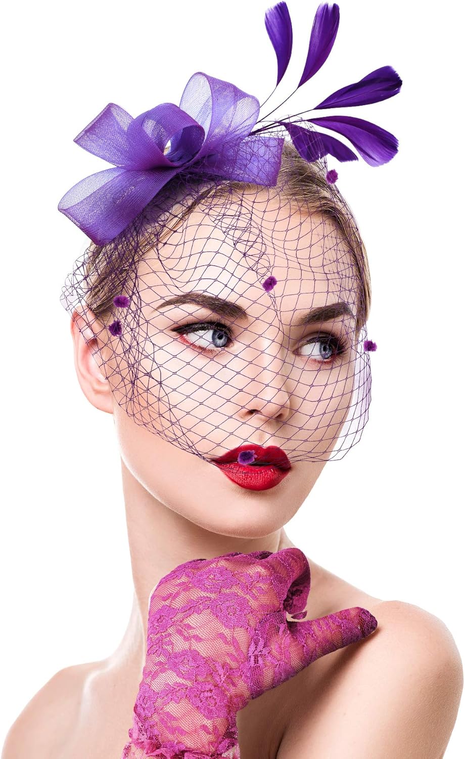 Boao Fascinator Hat for Women Feather Funeral Veil Hat Tea Party Derby Headband and Short Floral Lace Gloves