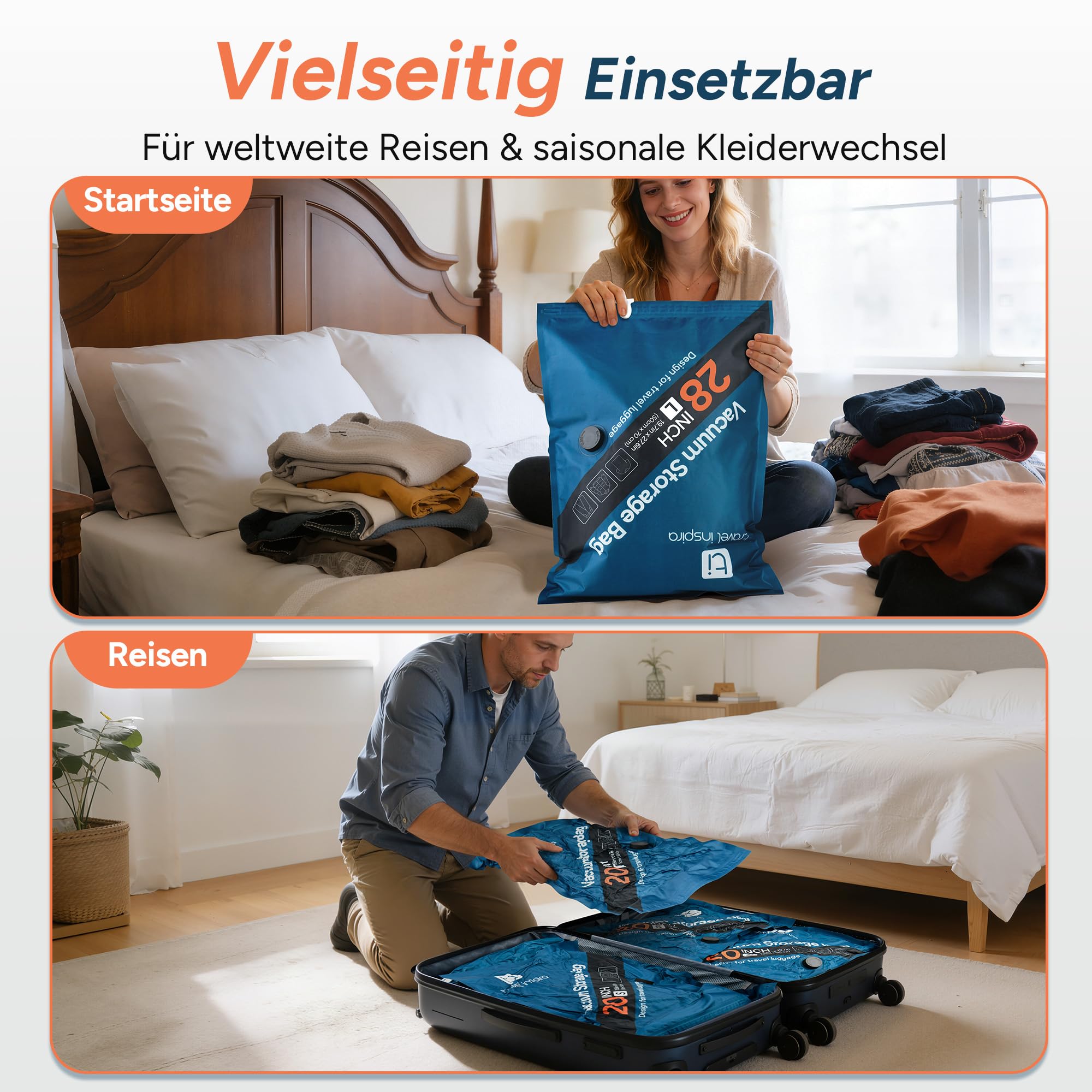 travel inspira 9x Vakuumbeutel für Kleidung mit Kabelloser Pumpe(3S+3M+3L) | Oxford 80% Platzsparend & Wiederverwendbar USB-C Aufladbare Pumpe 4500 Pa Vielseitig Doppelreißverschluss Für Koffer 20"-34"