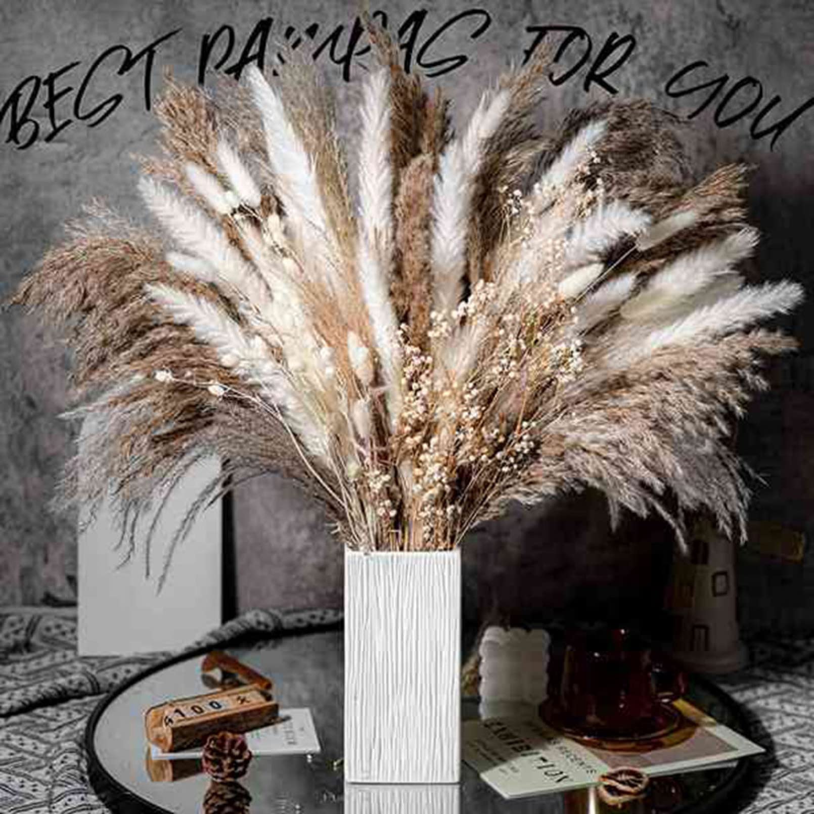 Bouquet d'herbe de Pampa sèche de 80 pièces, Bouquet de décoration de Maison de Plantes de Roseau Naturel, Fleurs séchées de Phragmites, décoration de Bouquet de Mariage