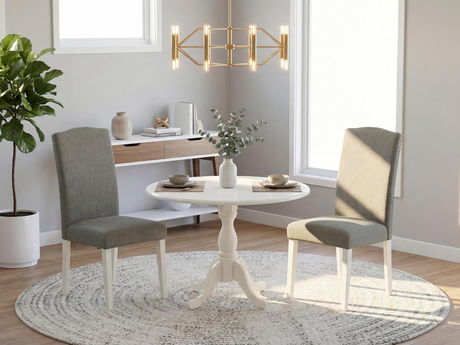 East West Furniture DMEN3-LWH-06 3 Piece Dining Set for Small Spaces Contains a Round Dining Room Table with Dropleaf and 2 Dark Shitake Linen Fabric Parson Chairs, 42x42 Inch, Linen White