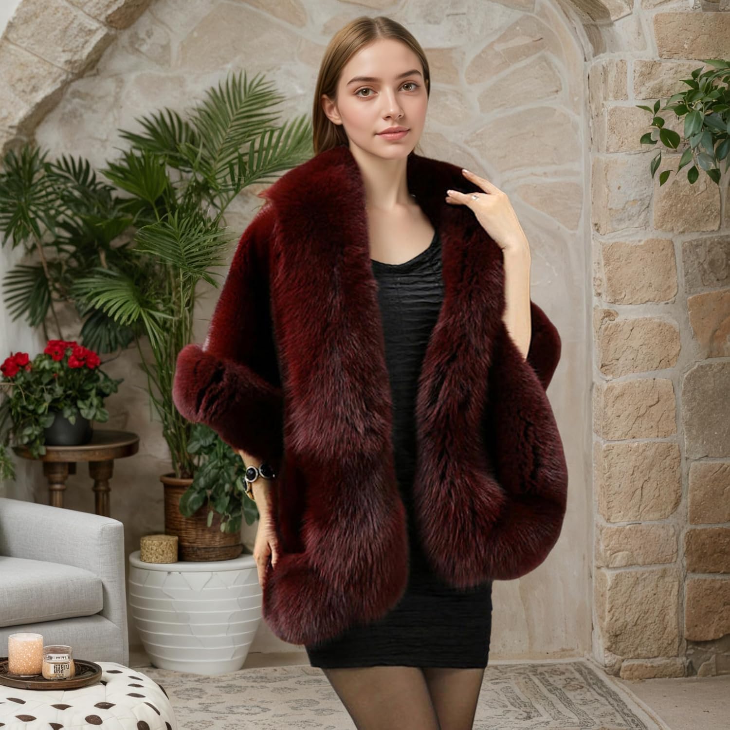 Old Dlrd Women's Winter Faux Fur Coat Wedding Bride Cloak Cape Shawl for Evening Party - Image 2