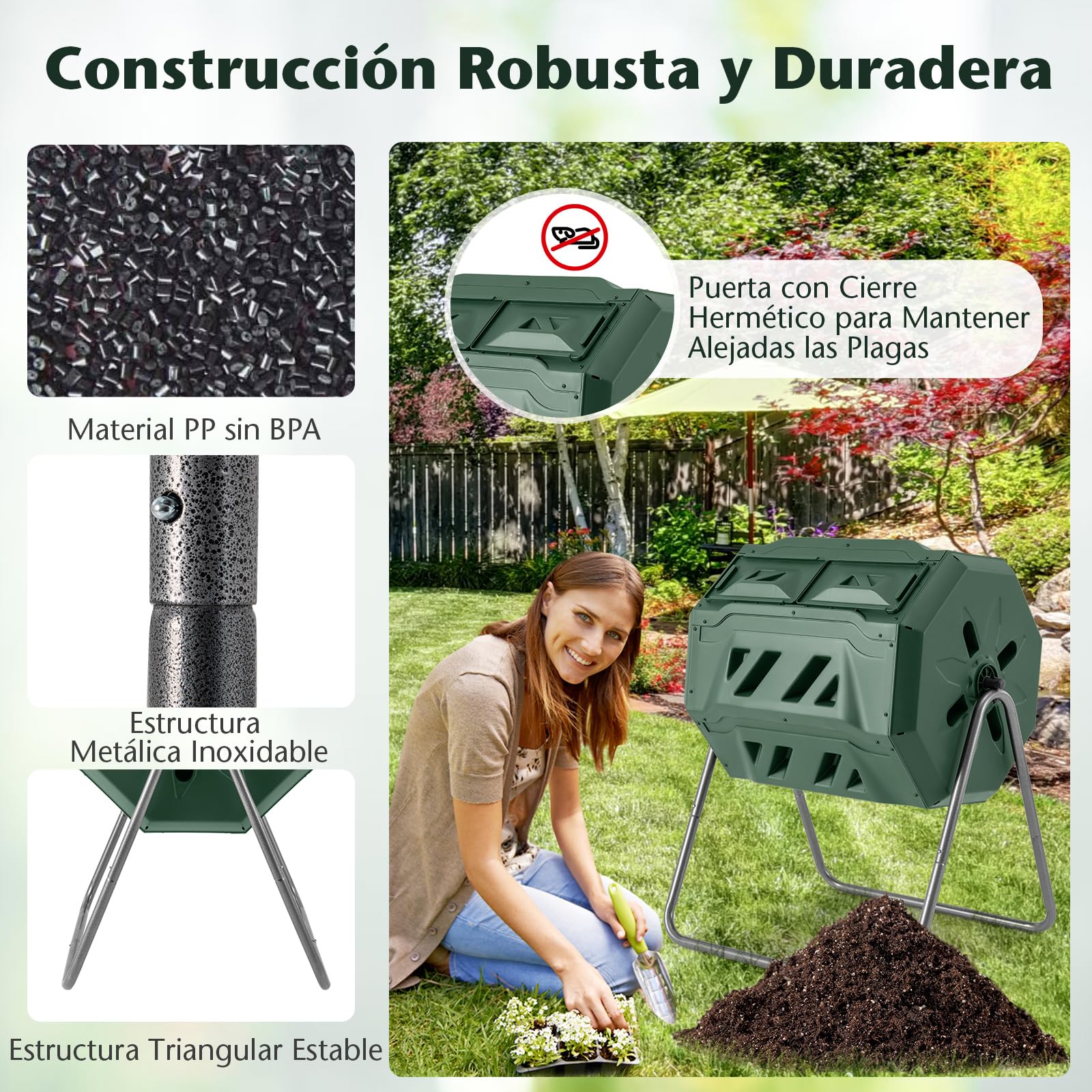 COSTWAY Compostador Jardin Giratorio 360° 160L, Contenedor de Compost, Tambor de Compostaje de Doble Cámara con 2 Puertas Correderas, Marco de Metal Resistente, sin BPA para Desechos de Jardín (Verde)