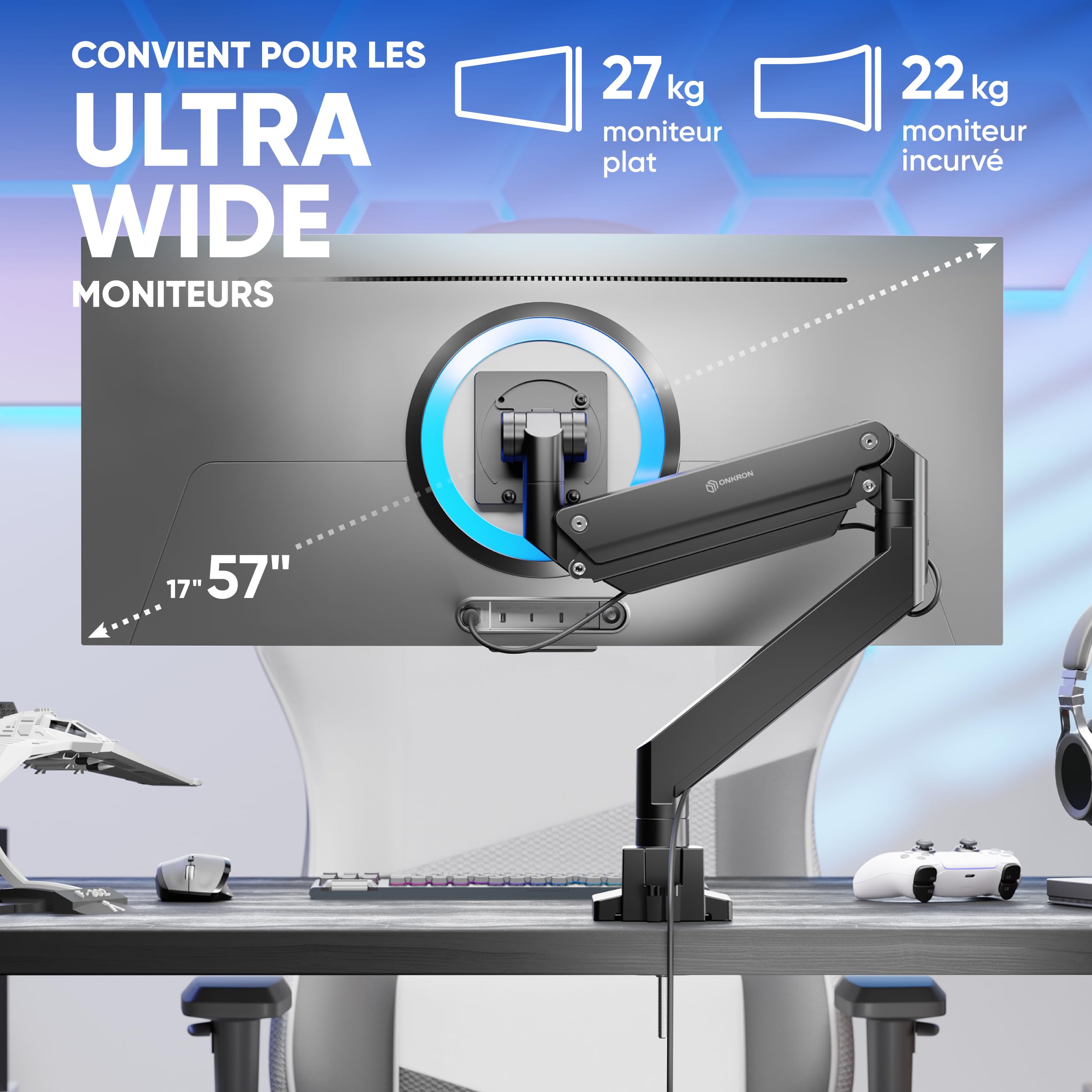 ONKRON Support Écran PC Ultra Large 17"-57" Bras Articulé 27 kg Gaz Ressort VESA 75x75-200x200 Inclinable Pivotant Rotatif G130-B Noir