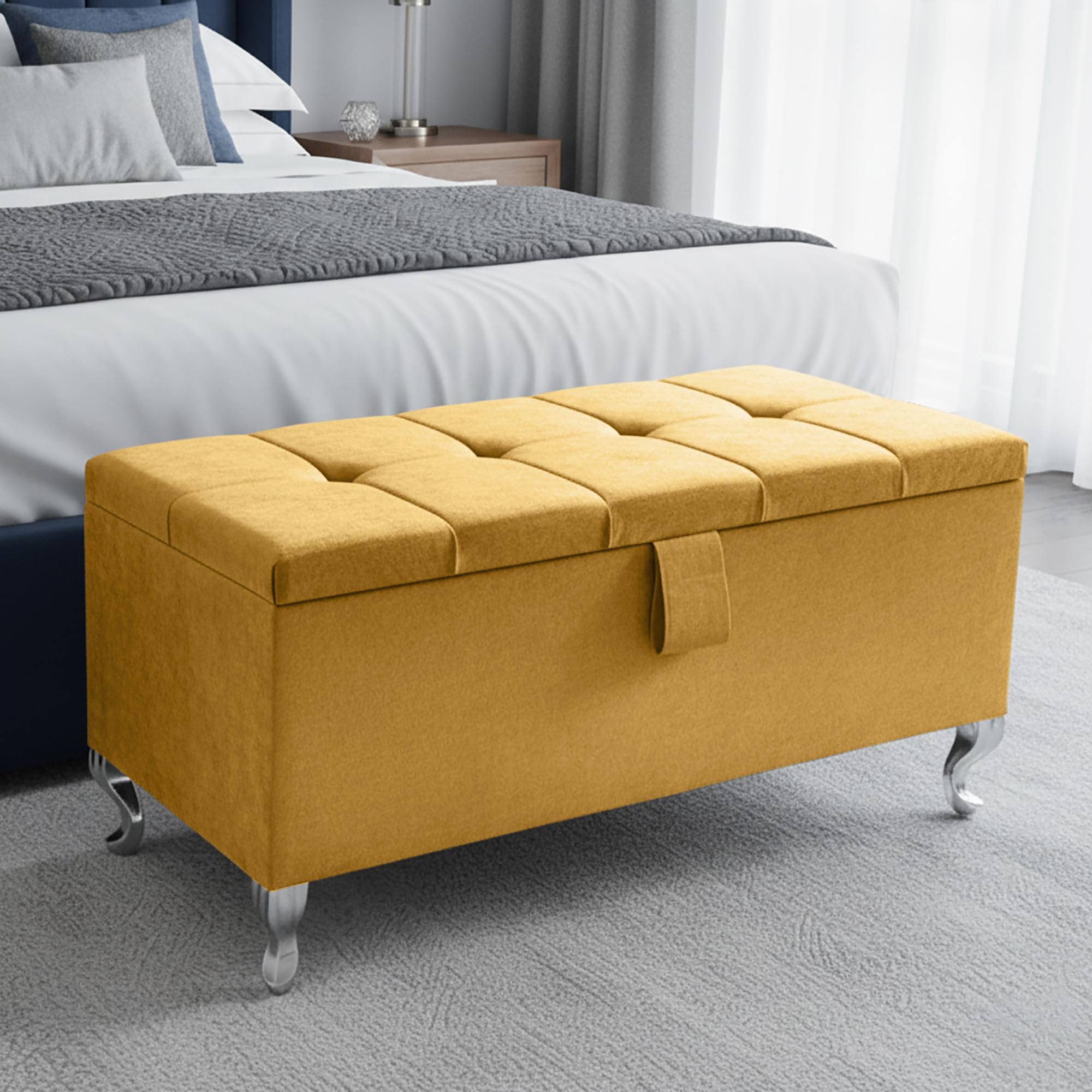 Harveys Living Ottoman Storage Box - Large Cube Style Engineered Wood Luxurious Plush Velvet Ottoman Storage Bench - (Mustard Plush, Legs)