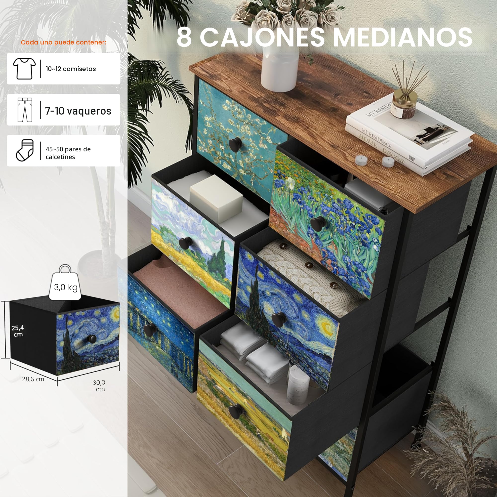 VEDECASA Cómoda estrecha para dormitorio Cómodas altas con 8 cajones Unidad de cajones Van Gogh para dormitorio de niños salón pasillo dormitorio oficina Marco de metal Parte superior de madera Cómoda