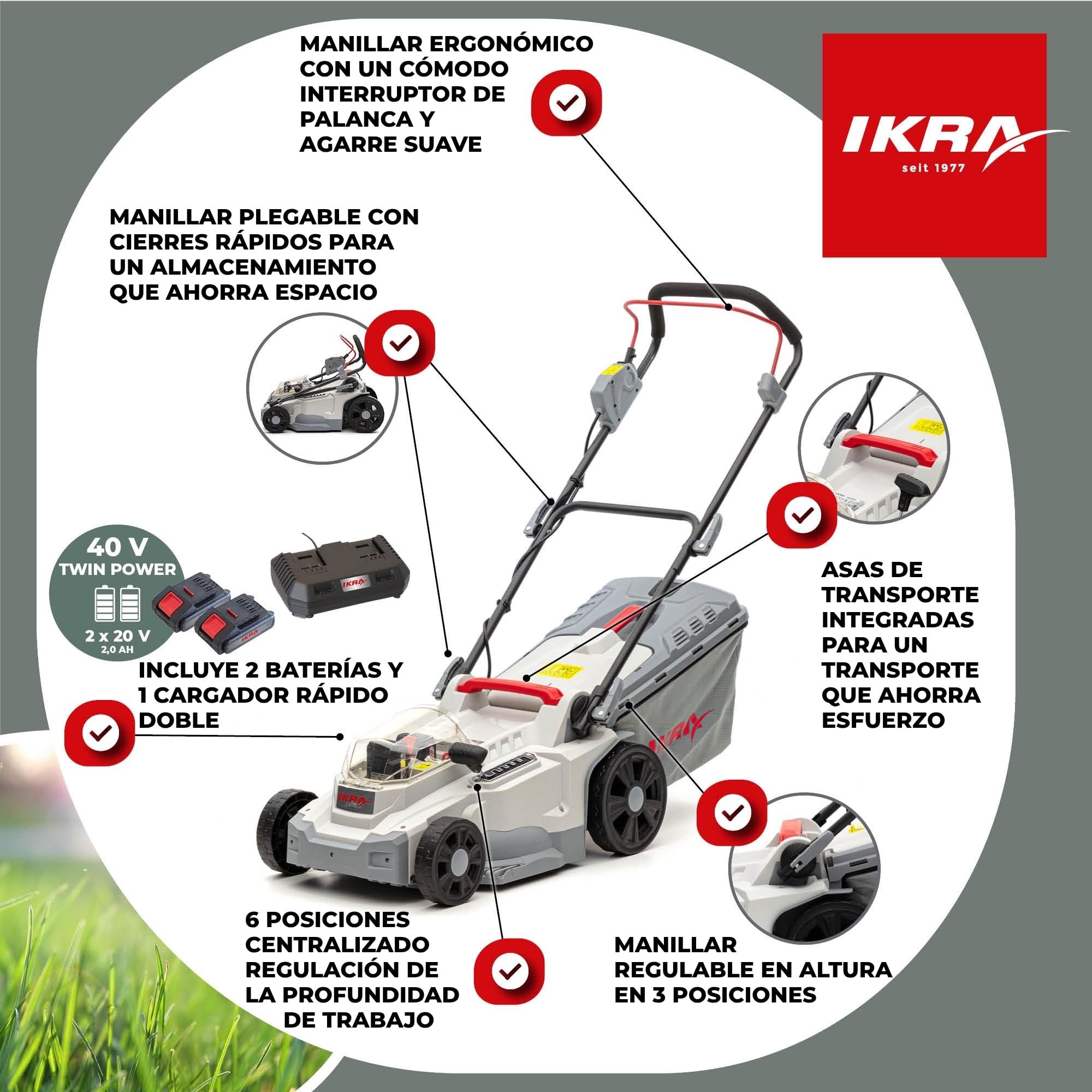 IKRA cortacésped ICM 2/2037, Ancho 37 cm, 2 baterías de 20 V y Cargador | Altura de corte 25-75 mm, cortacésped con mulching para céspedes de 250 m², bolsa 40 l, gama de baterías de 20 V de IKRA