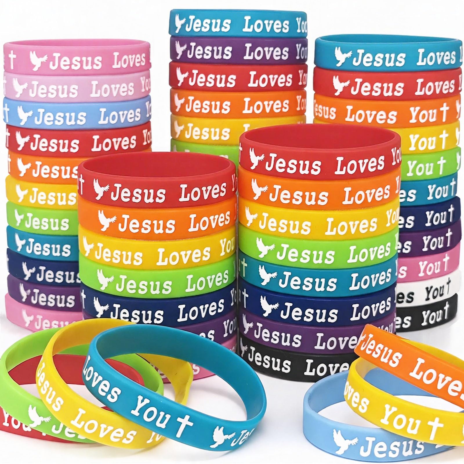 ZIQON Jesus Loves You Bracelet, 36 PCS Colorful Silicone Wristbands, Religious Identification-Wristbands, Unisex, Medium, for Church, Party, Christmas Gifts