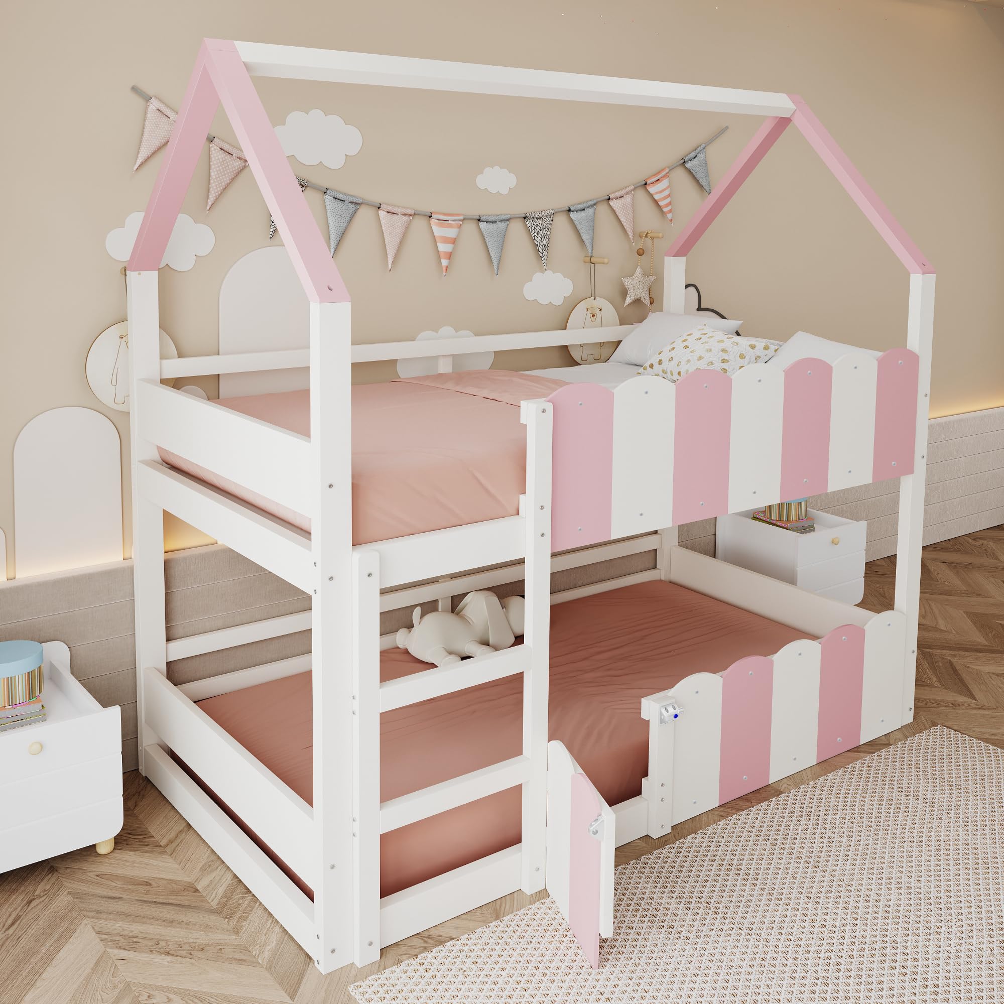 Kinder-Etagenbett 90 * 200 cm, Hausförmiges Design mit erhöhten Sicherheitsgeländern. Das Obere Bett verfügt über Einen Lattenrost. Geeignet für Jungen und Mädchen Rosa