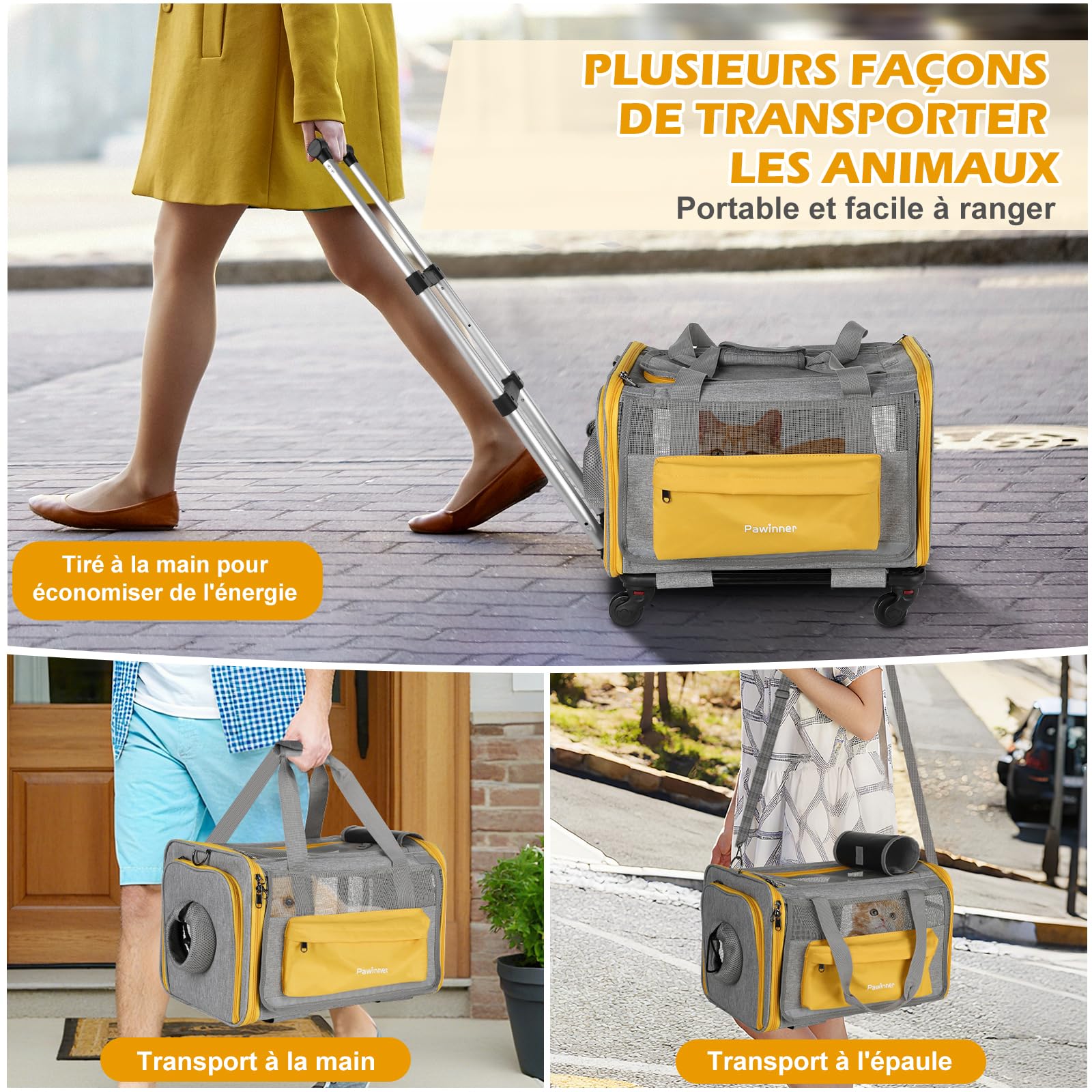Sac de Transport pour Chat avec Poignée Télescopique - Caisse de Voyage 3-en-1 Pliable pour Petit/Moyen Chien et Chat, Approuvée Avion, roulettes et Toit Ouvrant (Gris)