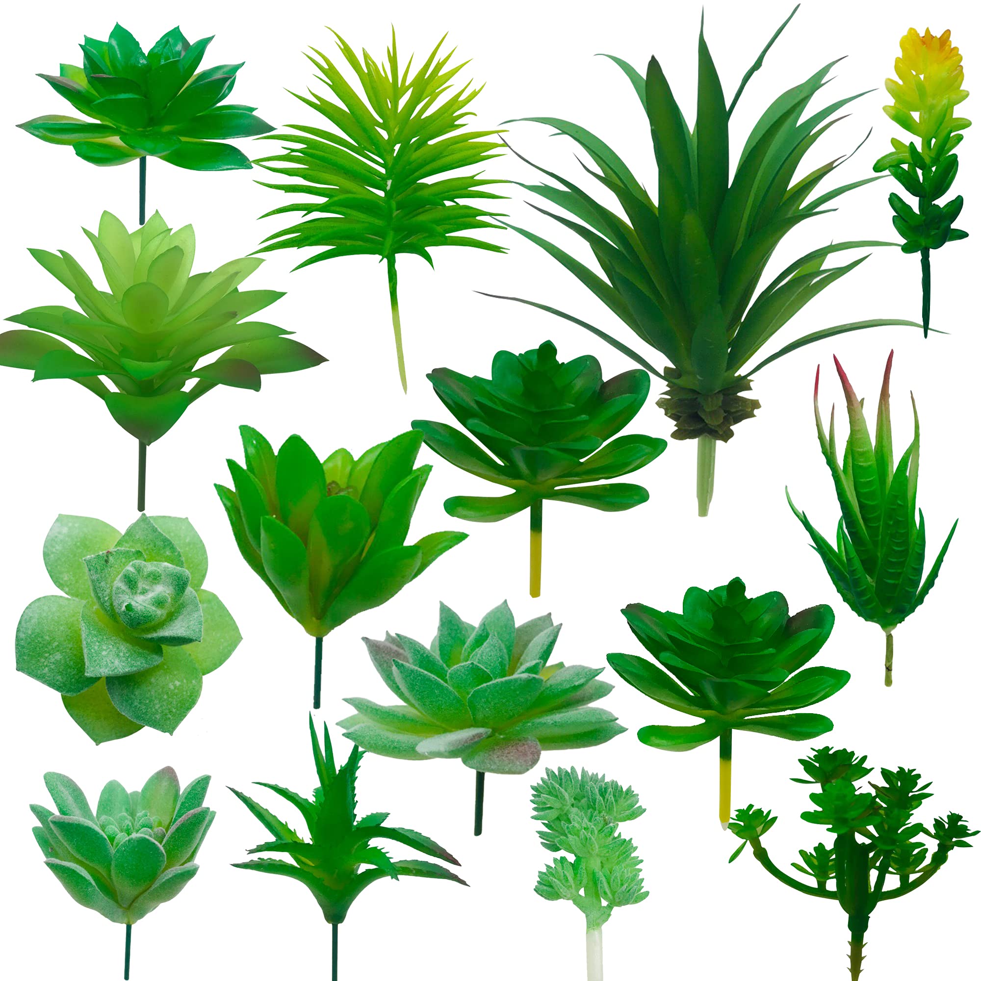 Cayway Style 1 14 Pcs Artificial Succulent Plants, Green Fake Succulent, Unpotted Faux Succulent Assortment In Flocked Green In Different Type For Birthday Home Decor Indoor Wall Garden Diy