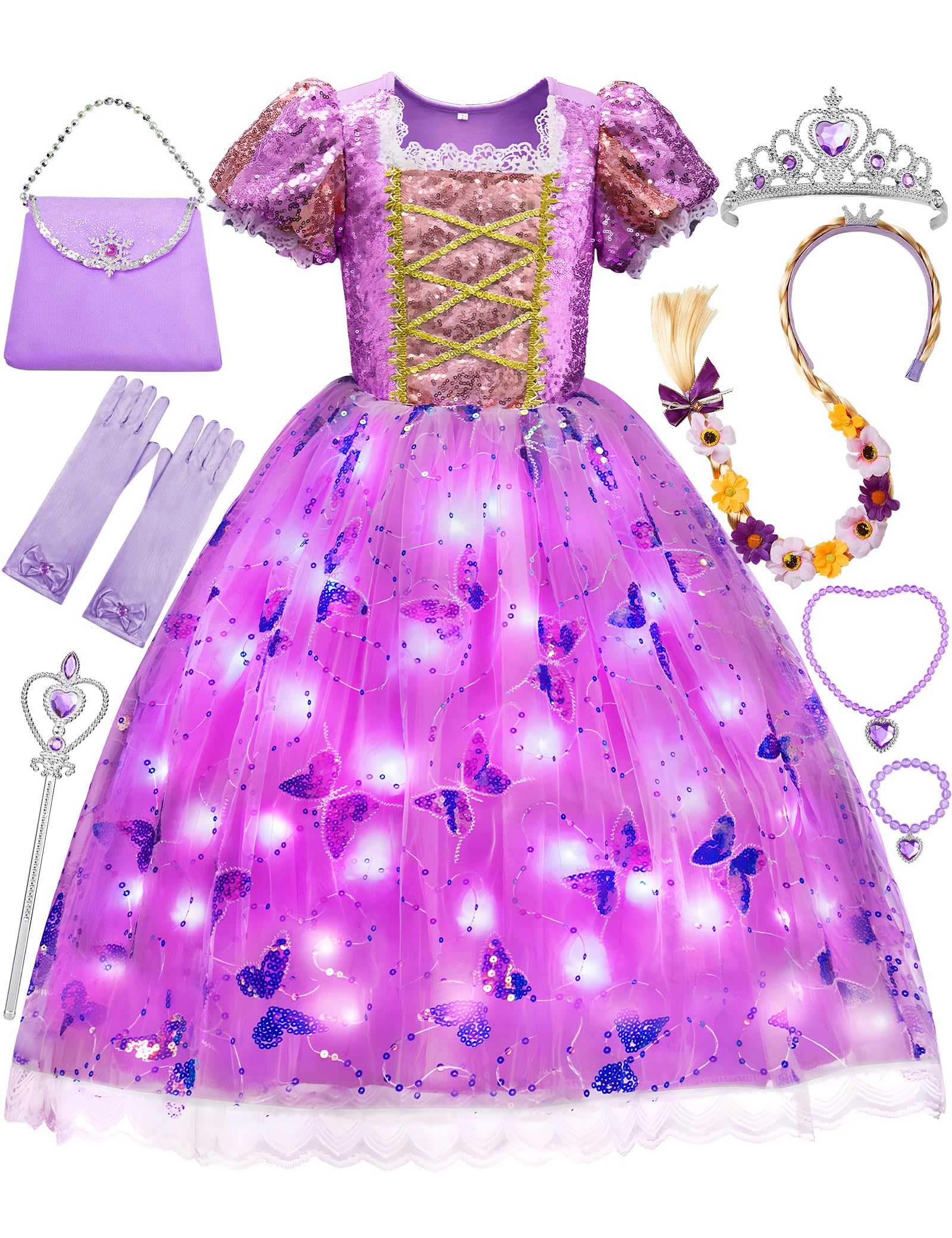 Davvew Princess Dresses for Girls,Light Up Princess Costume for Christmas, Halloween, birthday gifts for Age 3-8 Year Old