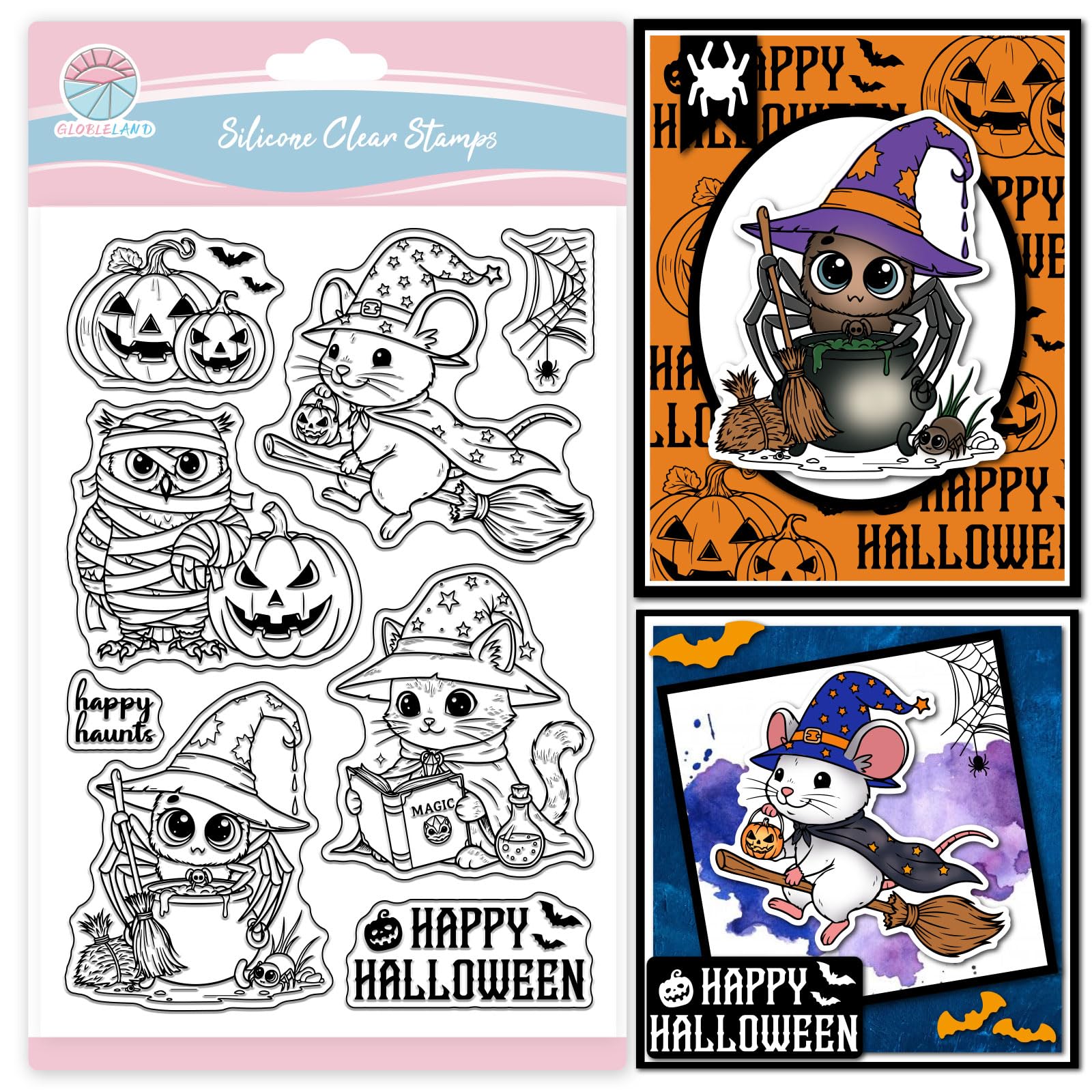 GLOBLELAND Halloween Animals Clear Stamps for Cards Making Halloween Cats Transparent Stamp Owl and Spider Silicone Stamps Seal for DIY Scrapbooking
