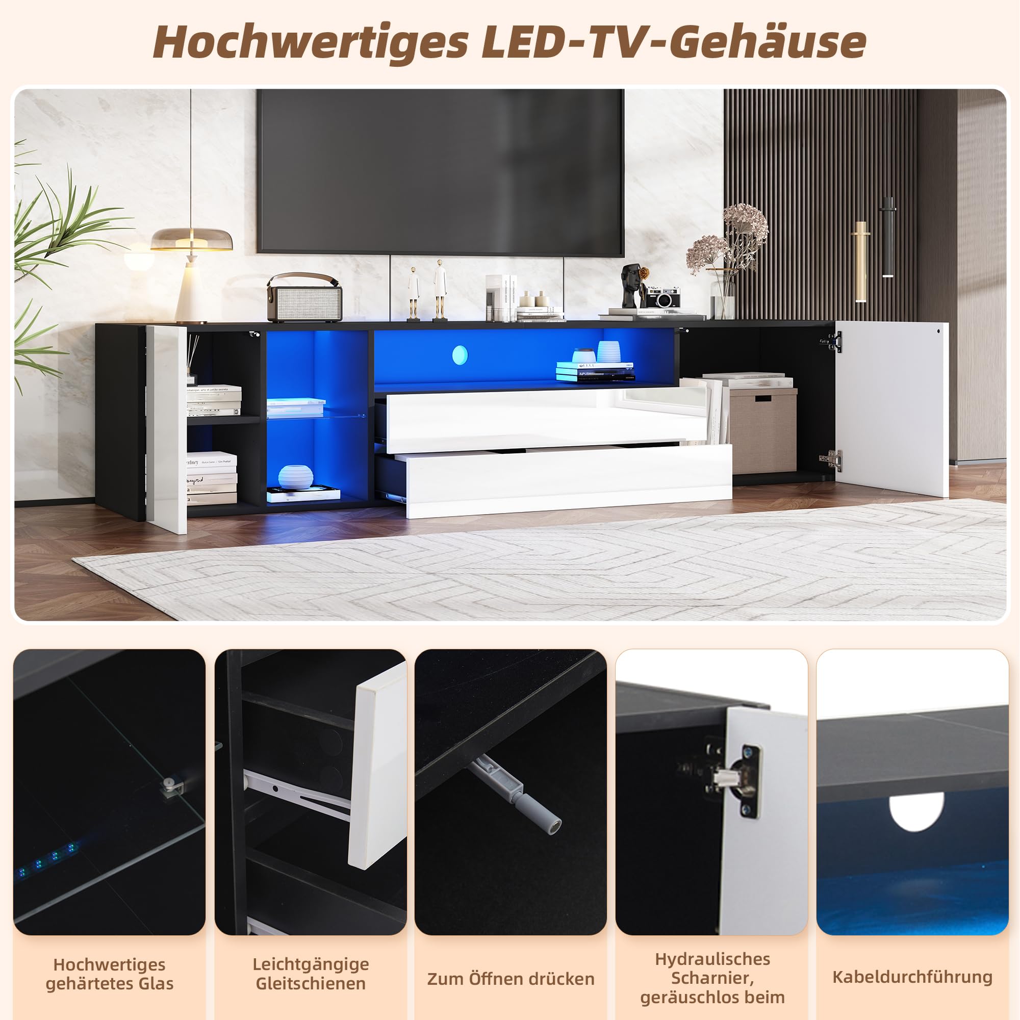 Meuble TV Brillant 2 tiroirs 2 Portes Étagères Ouvertes Lowboard pour téléviseur Jusqu’à 75 Pouces avec Bande Lumineuse LED Bas pour Salon Table de Meubles TV Noir