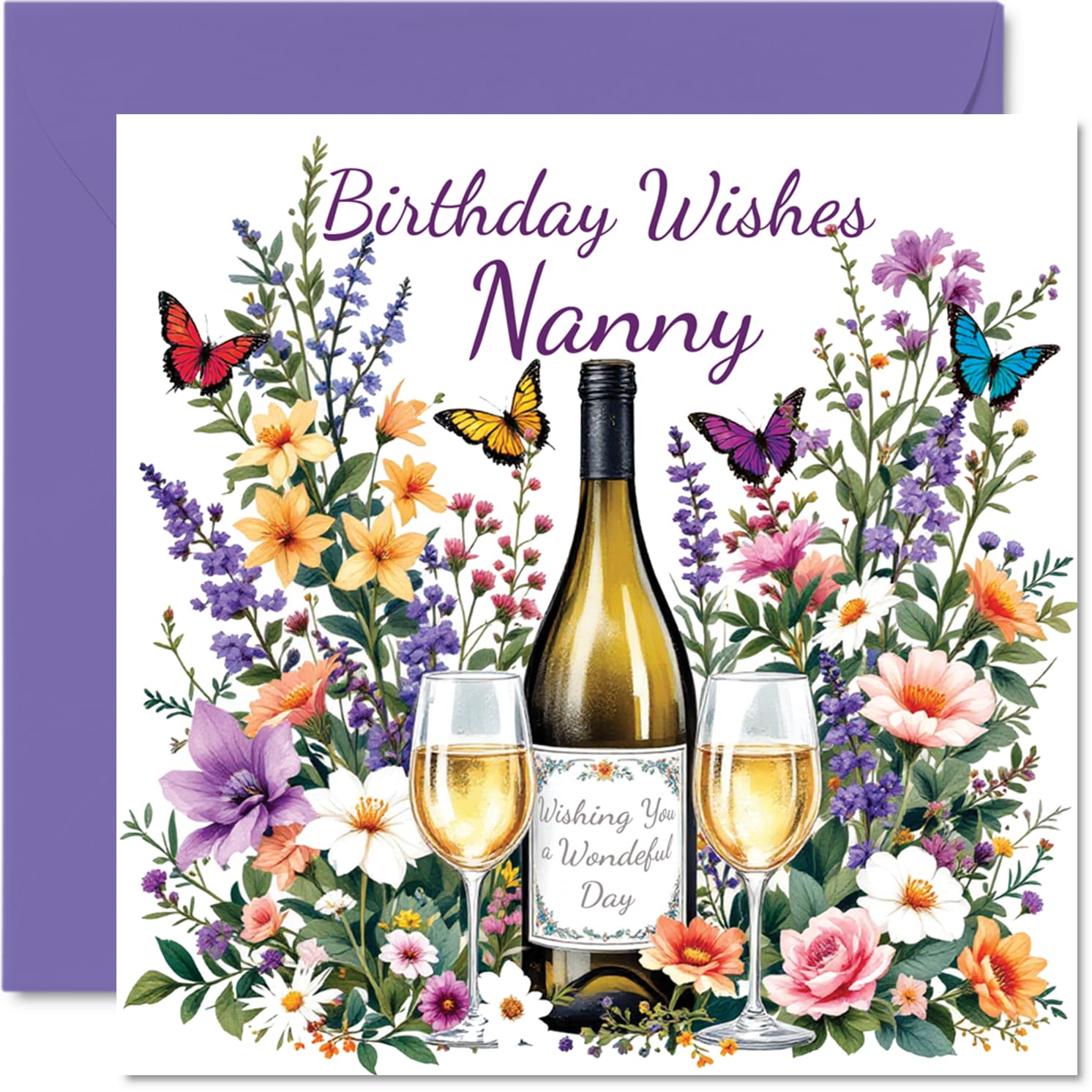 Nanny Birthday Card - Flowers & Wine - Happy Birthday Card for Nanny from Grandson Granddaughter, 145mm Flowers & Wine Bday Greeting Cards