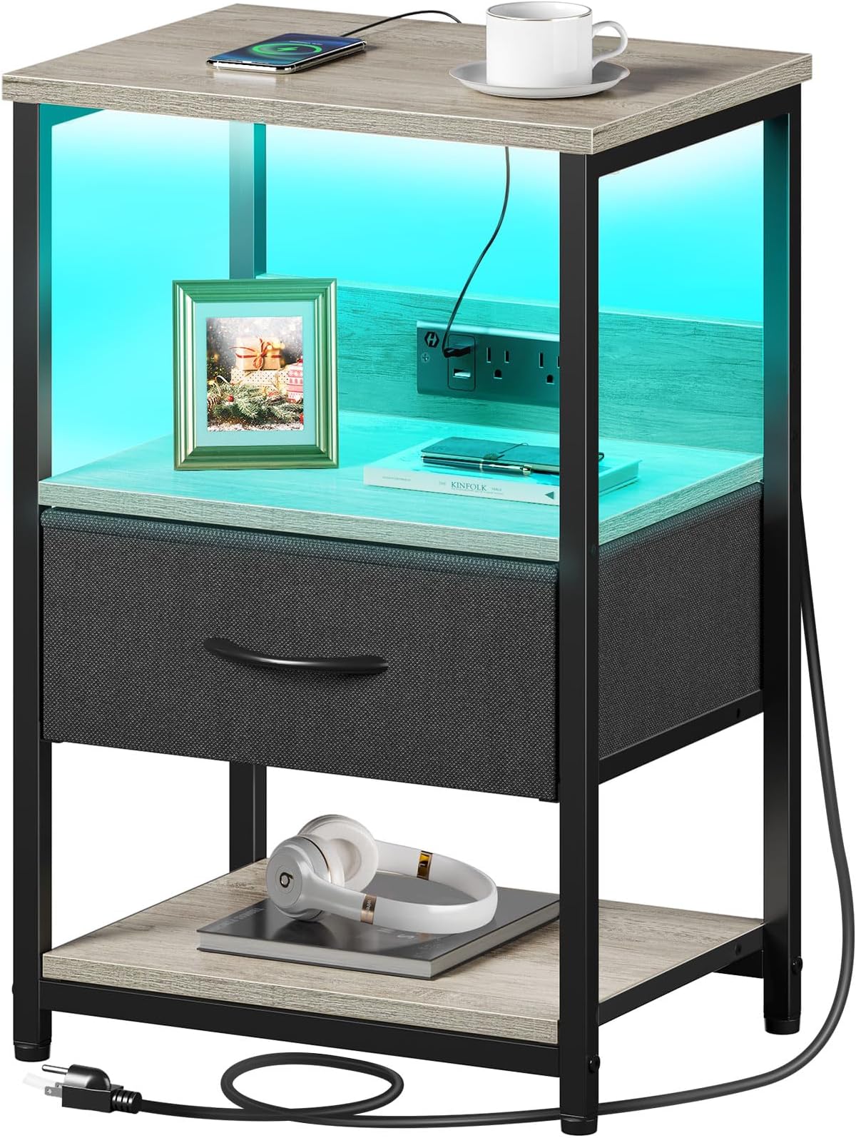Seventable Nightstand with Charging Station, LED Bedside Table with Adjustable Fabric Drawer, Night Stand with Storage, 3-Tier Bed Side Table, End Table for Bedroom, Living Room, Greige