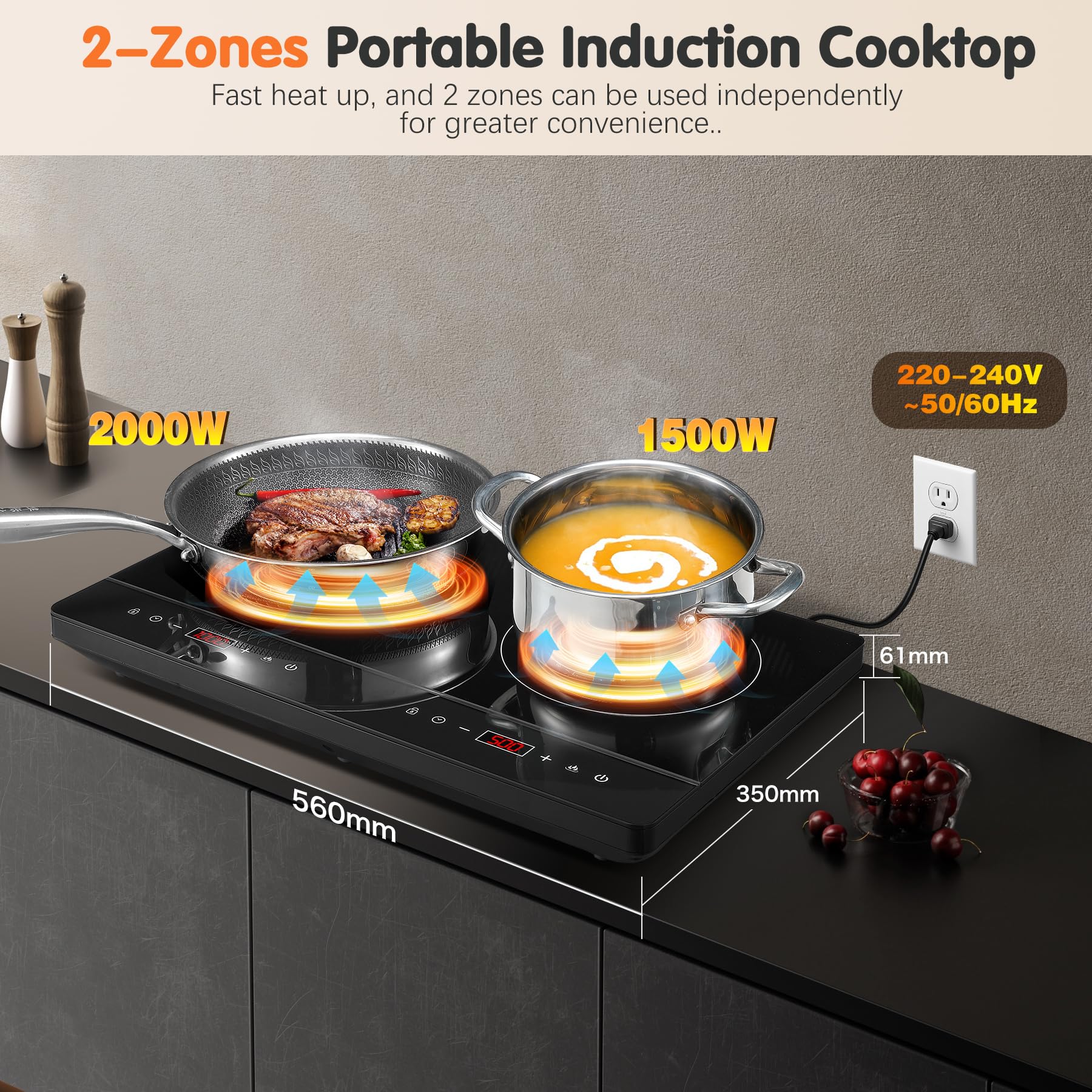 Doppel Induktionskochplatte 3500W, 2 Platten, Touch-Steuerung, 10 Temperaturstufen, 180-Min Timer