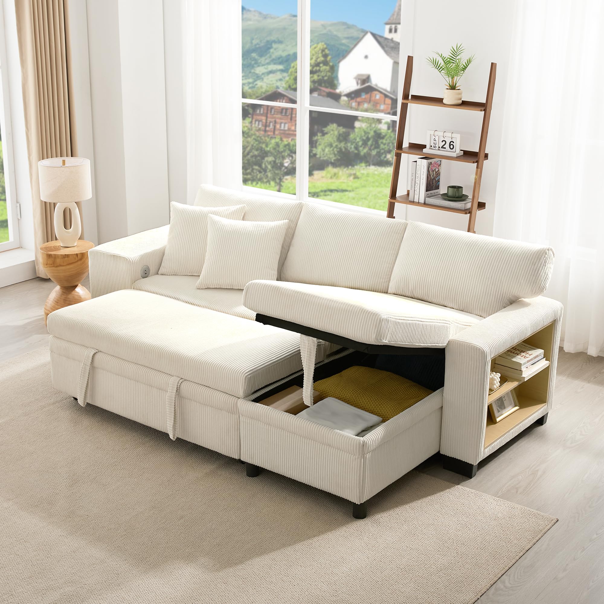 Sofá plegable convertible en L con dormitorio, carga USB y estantes laterales