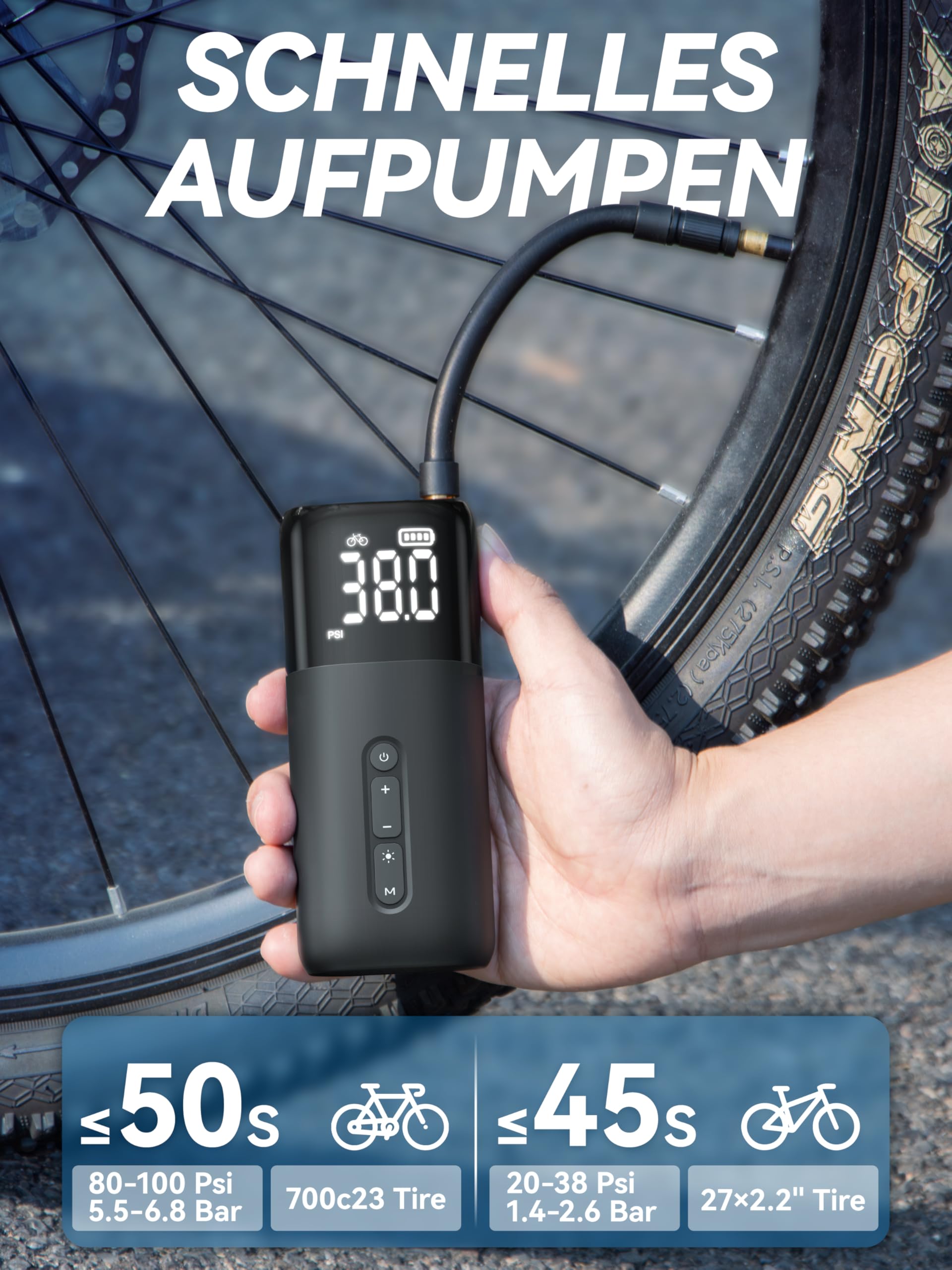 GPUTEK HT10 Elektrische Fahrradpumpe, 150PSI Akku Mini Luftpumpe Fahrrad mit Digitales Druckmessgerät, Fahrrad Pumpe mit Presta- und Schrader-Ventil, für Rennrad, Mountainbike, E-Bike, Stadtrad