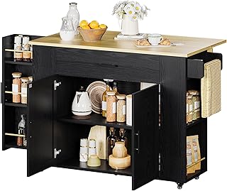 IRONCK Isla de cocina con almacenamiento, isla rodante de 47.2 pulgadas sobre ruedas, carrito de cocina con hoja caída, cajón y toallero para el hogar, comedor