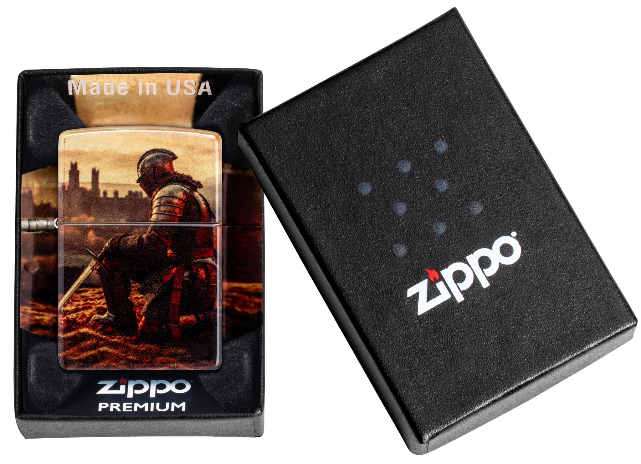 Zippo - Briquet tempête, Motif Chevalier, Impression 540° Fusion (mélange de Couleurs), Laiton Vieilli, Rechargeable, réutilisable, Design Coupe-Vent, boîte Cadeau, fabriqué aux États-Unis