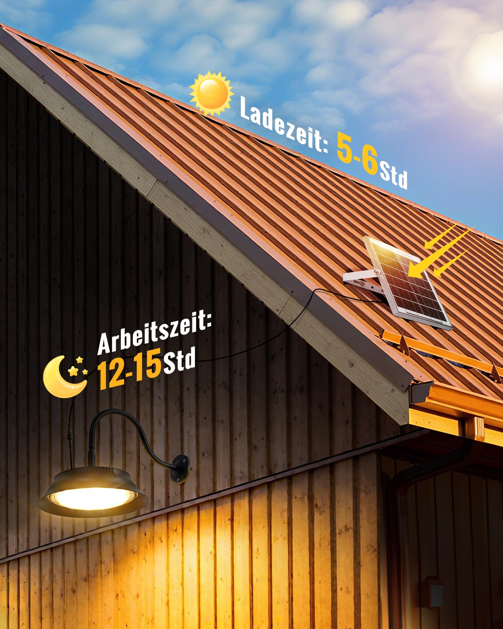 Solar LED Lampe Außen, Hängelampe & Wandleuchte mit Fernbedienung, 3 Farbtemperaturen, 5000mAh Akku, 10–12h Leuchtdauer, IP65 Wasserdicht für Gartenhaus, Schuppen, Garage, Stall, Terrasse